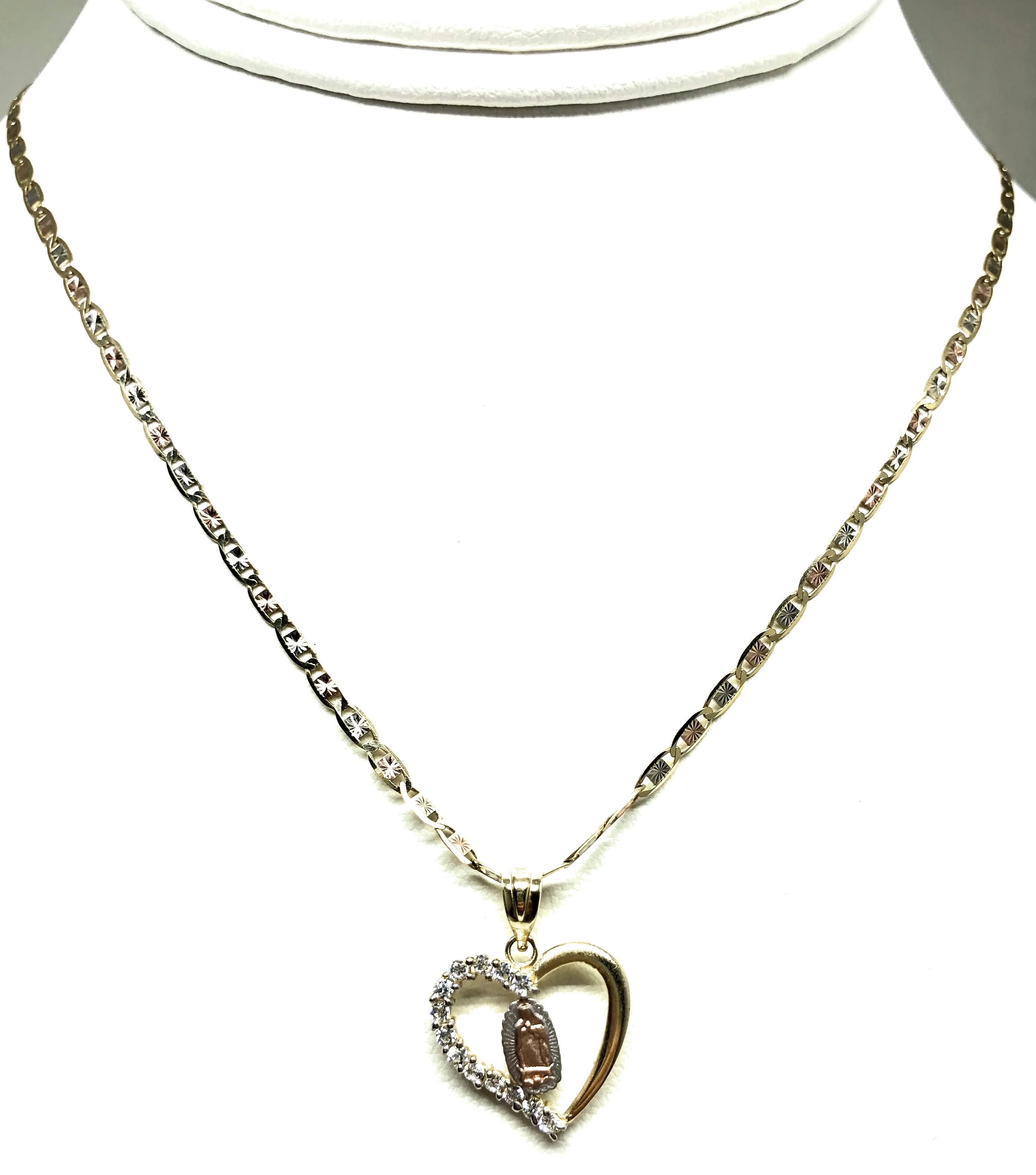 10k Solid Gold Tri-Color Virrgin Mary Heart CZ Pendant Necklace Virrgen Gaudalupe Valentina Chain - Image 8