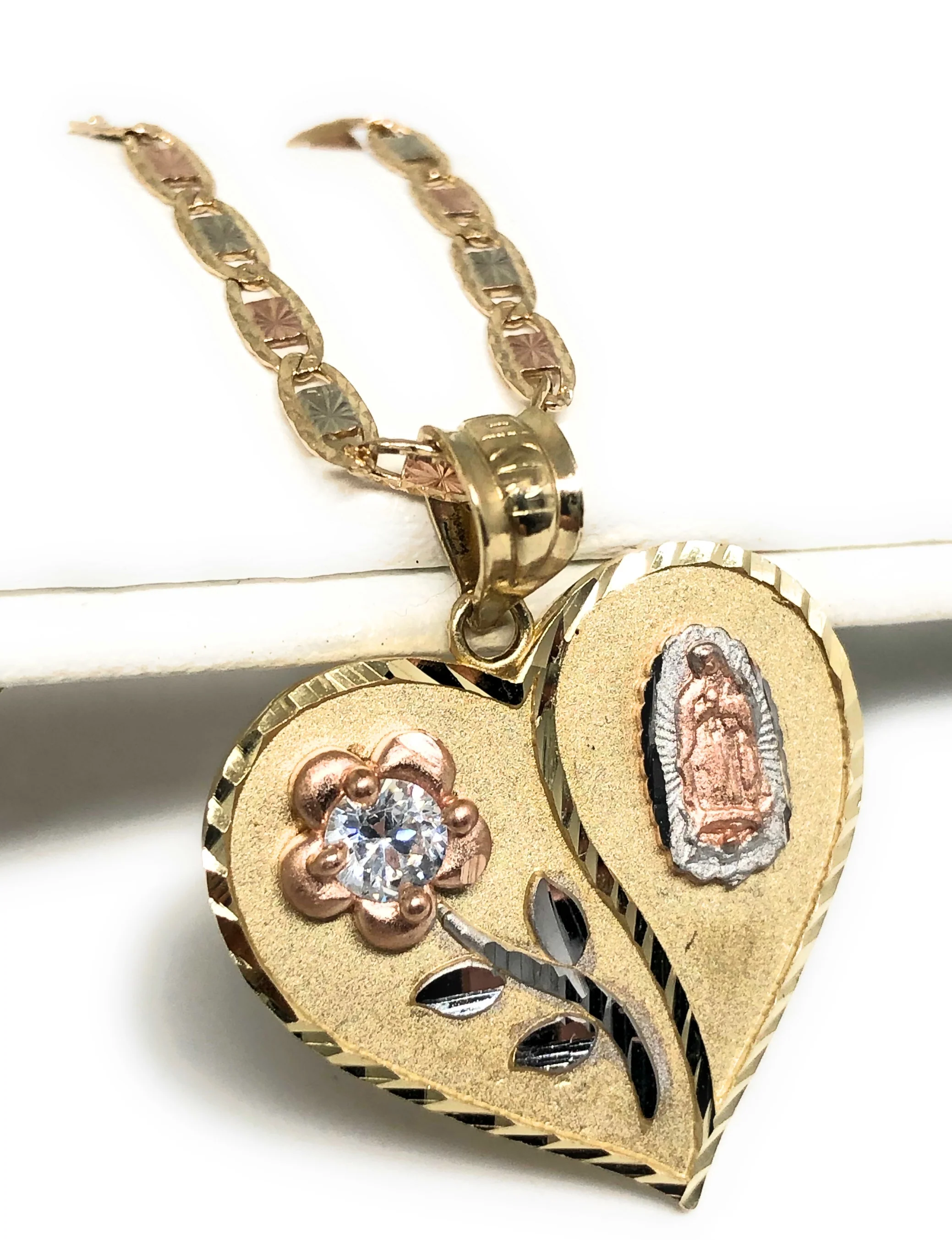 10k Solid Gold Tri-Color Virrgin Mary Heart & Flower CZ Pendant Necklace Virrgen Gaudalupe Valentina Chain