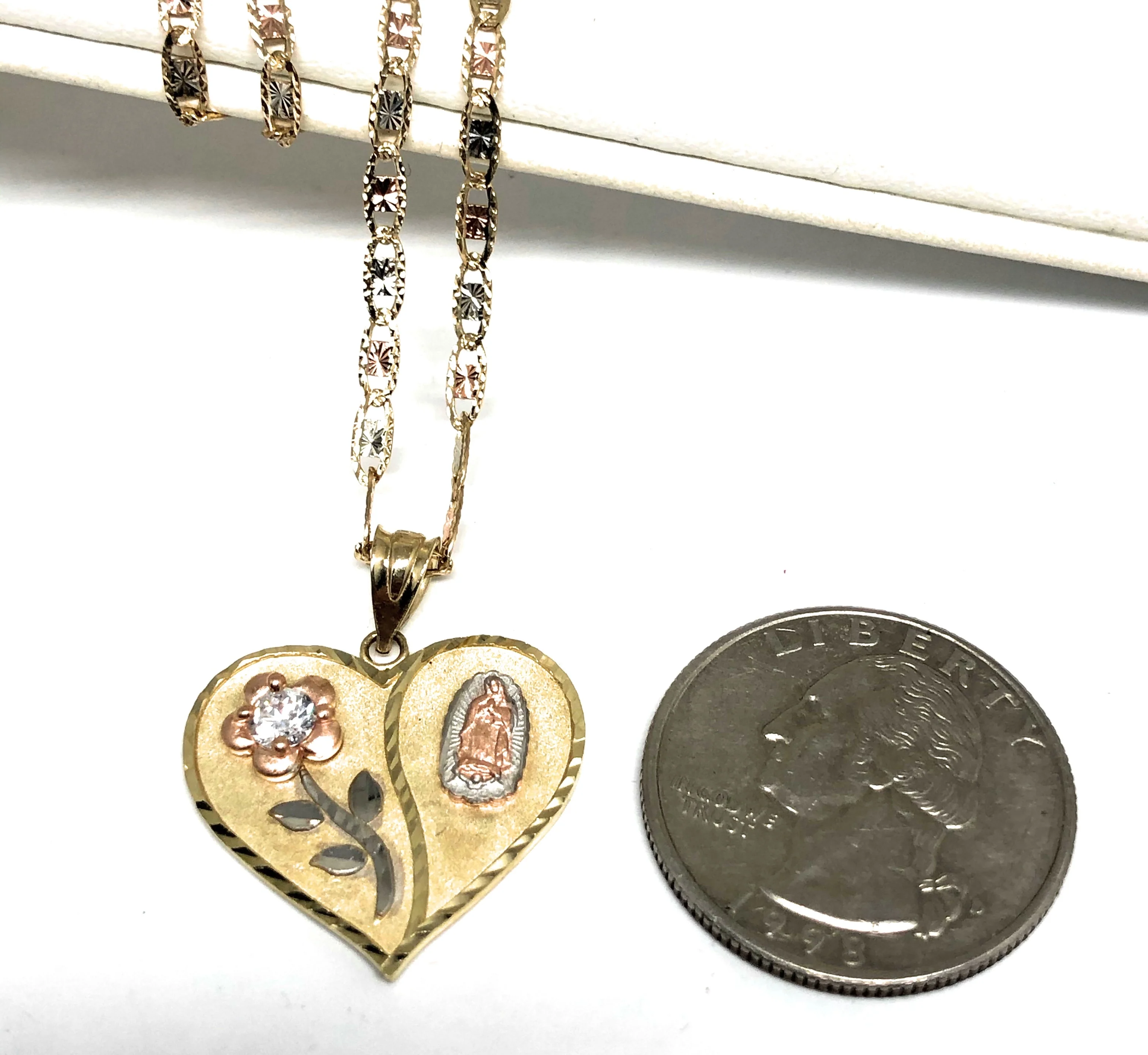 10k Solid Gold Tri-Color Virrgin Mary Heart & Flower CZ Pendant Necklace Virrgen Gaudalupe Valentina Chain - Image 2