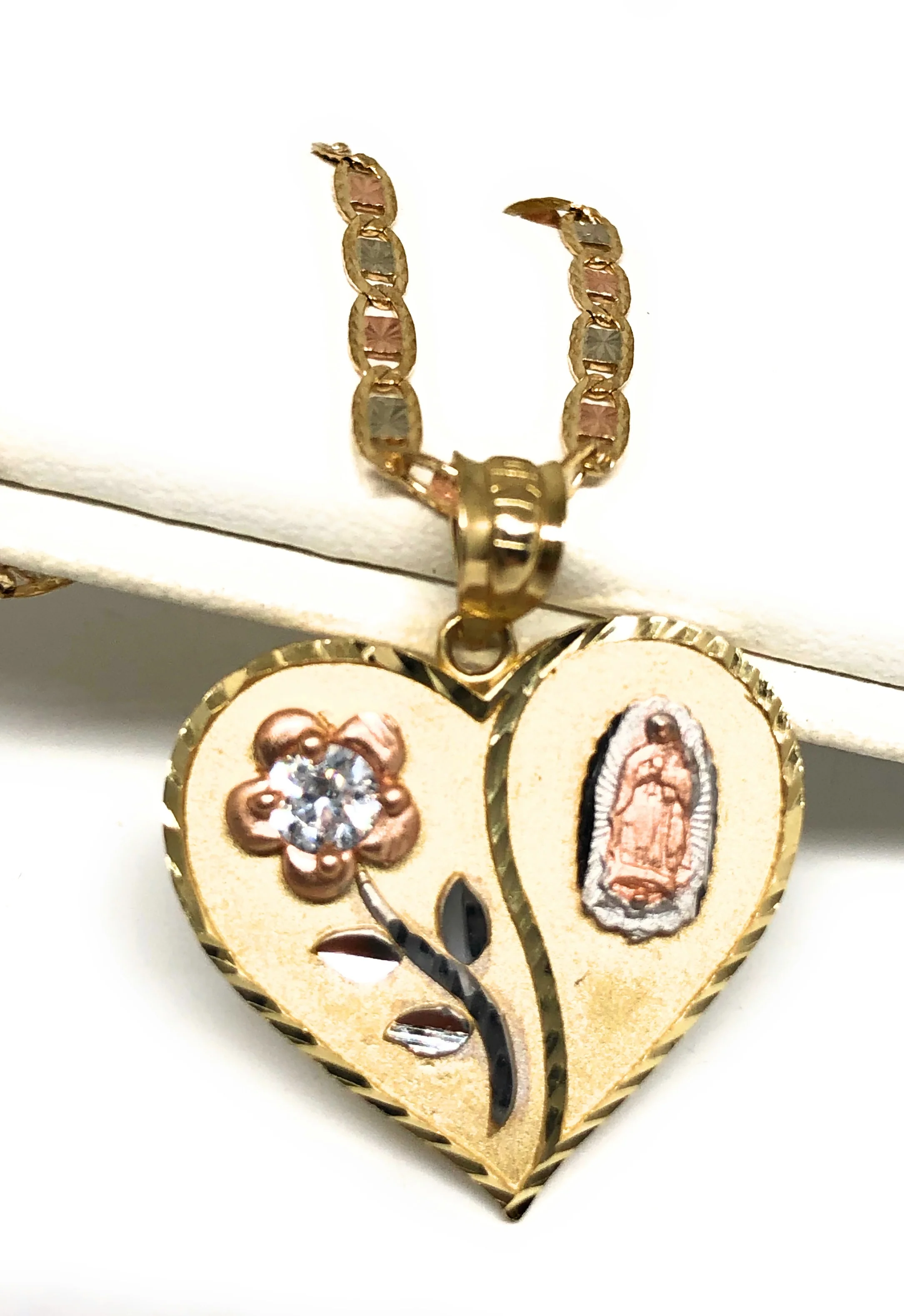 10k Solid Gold Tri-Color Virrgin Mary Heart & Flower CZ Pendant Necklace Virrgen Gaudalupe Valentina Chain - Image 3