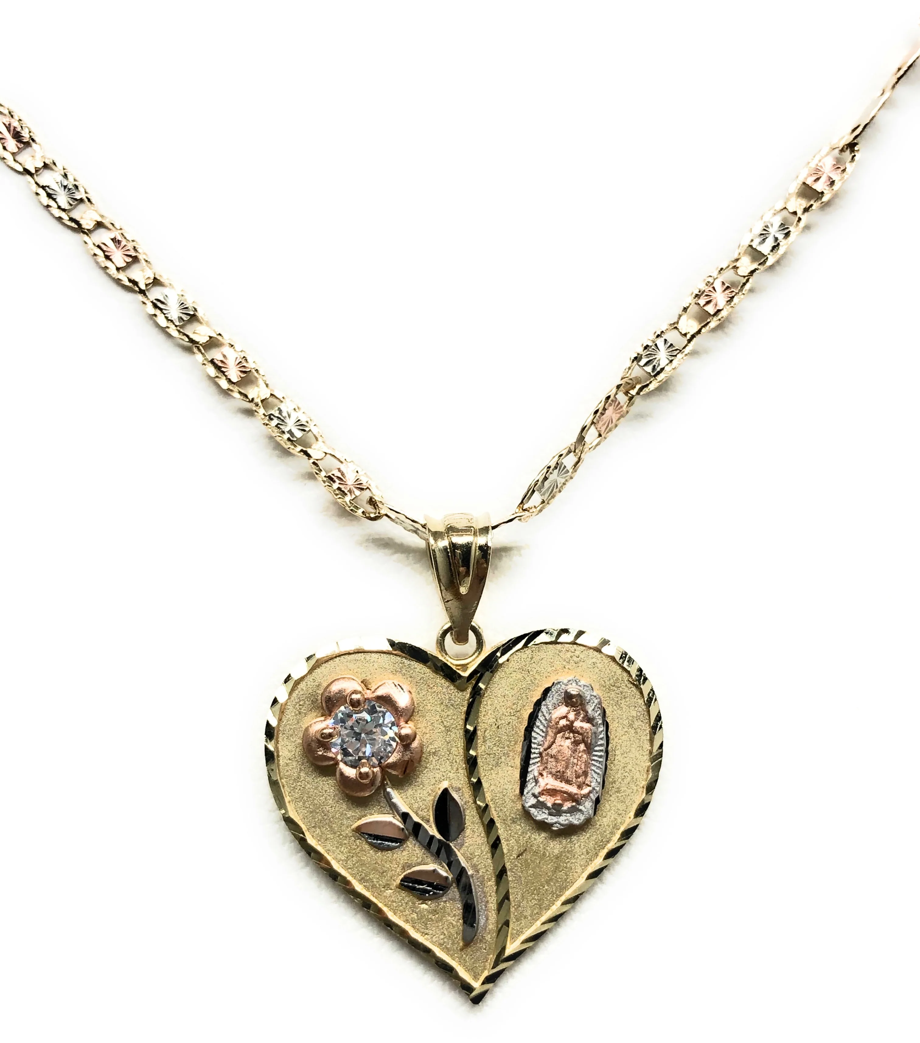 10k Solid Gold Tri-Color Virrgin Mary Heart & Flower CZ Pendant Necklace Virrgen Gaudalupe Valentina Chain - Image 5