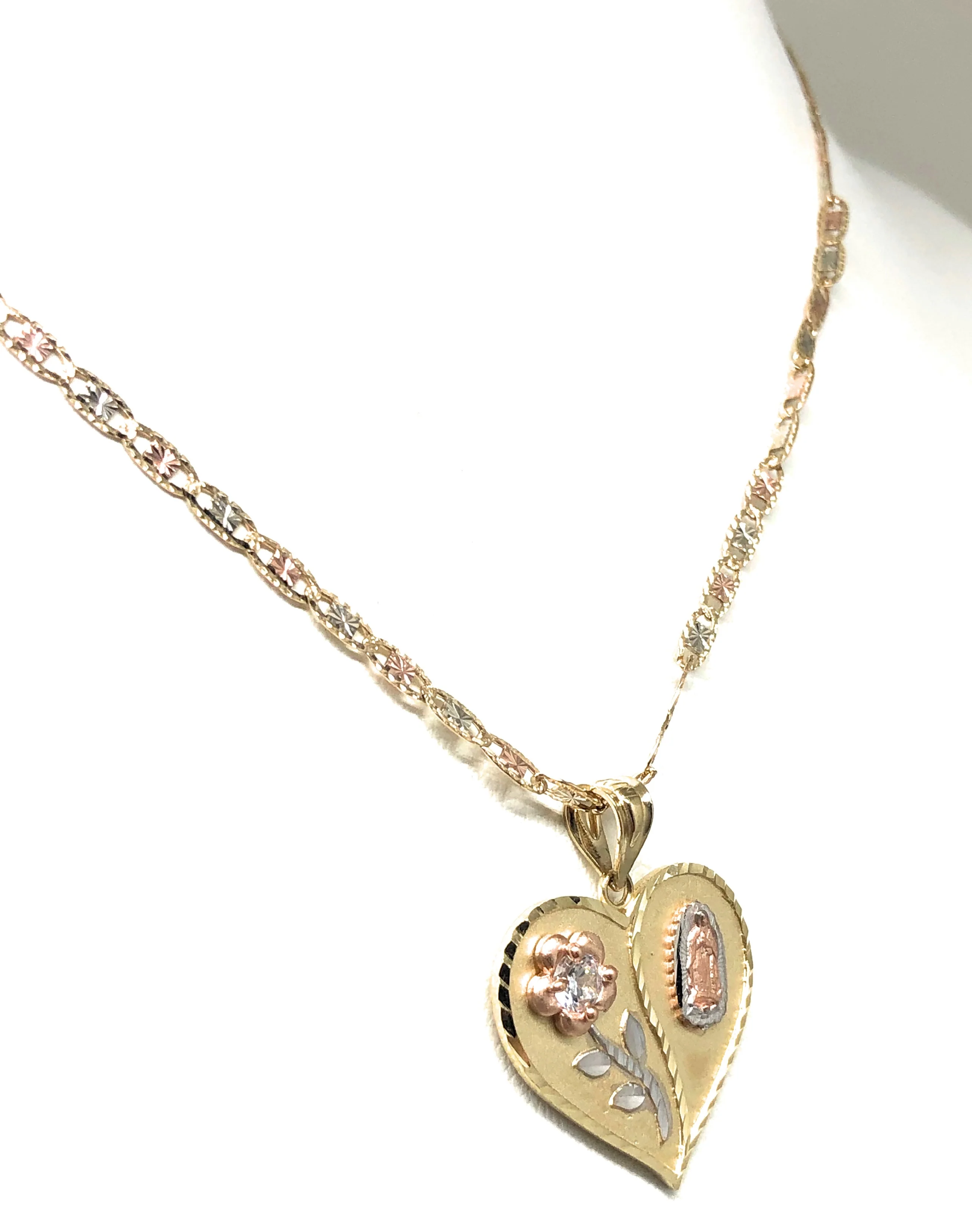 10k Solid Gold Tri-Color Virrgin Mary Heart & Flower CZ Pendant Necklace Virrgen Gaudalupe Valentina Chain - Image 6