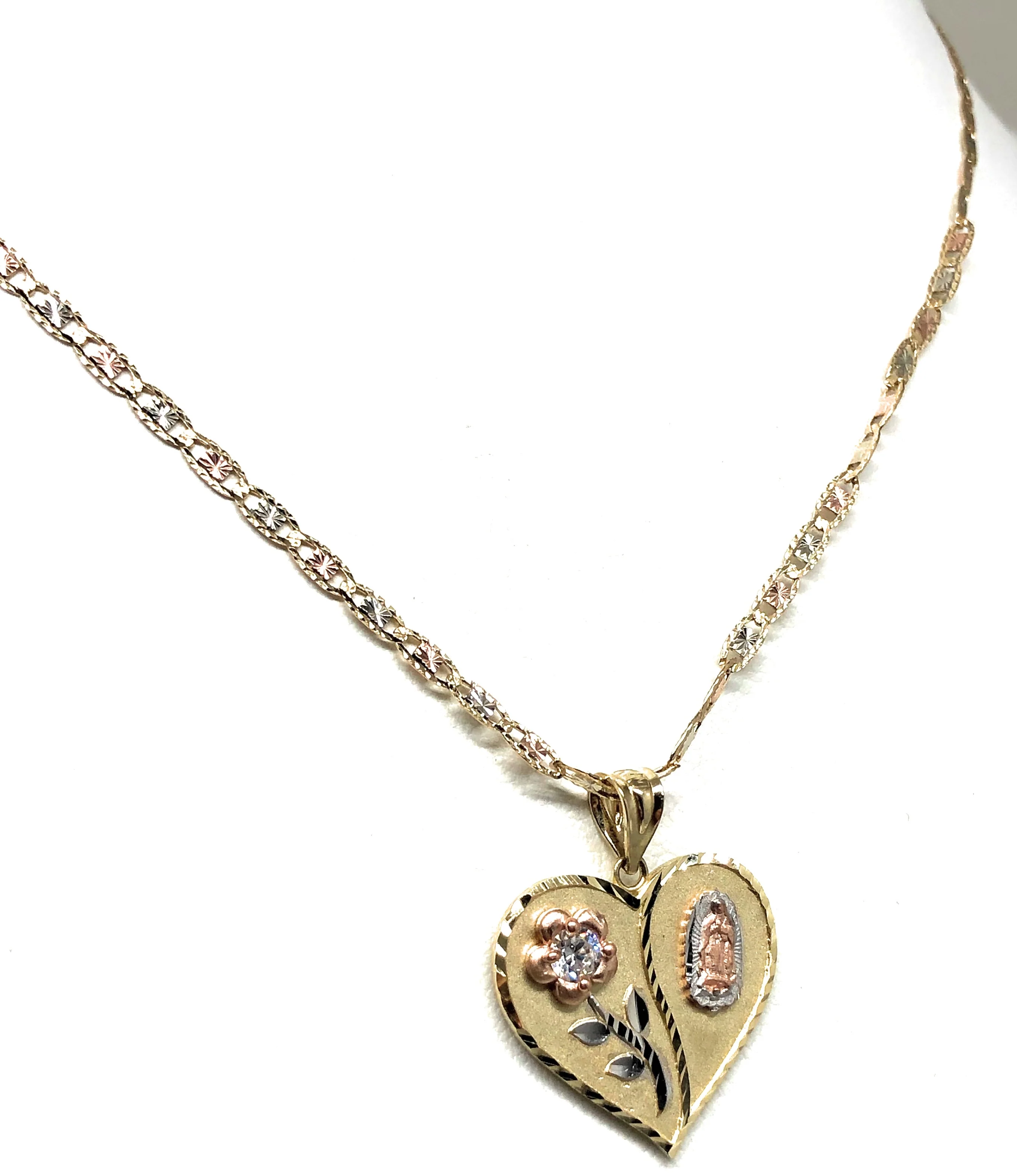 10k Solid Gold Tri-Color Virrgin Mary Heart & Flower CZ Pendant Necklace Virrgen Gaudalupe Valentina Chain - Image 7