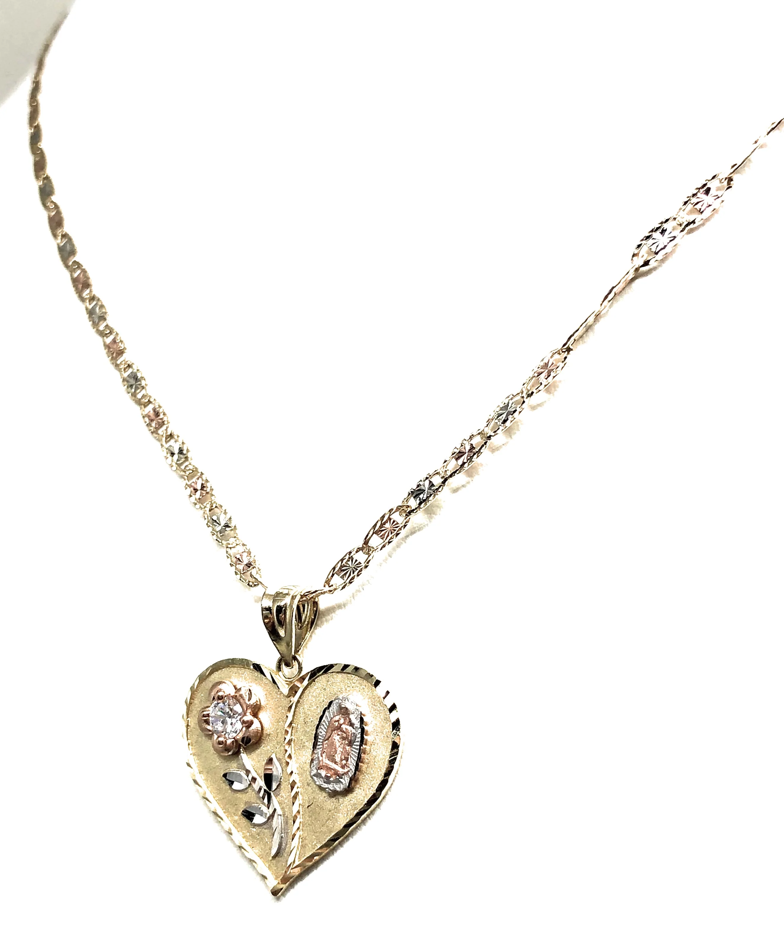 10k Solid Gold Tri-Color Virrgin Mary Heart & Flower CZ Pendant Necklace Virrgen Gaudalupe Valentina Chain - Image 8