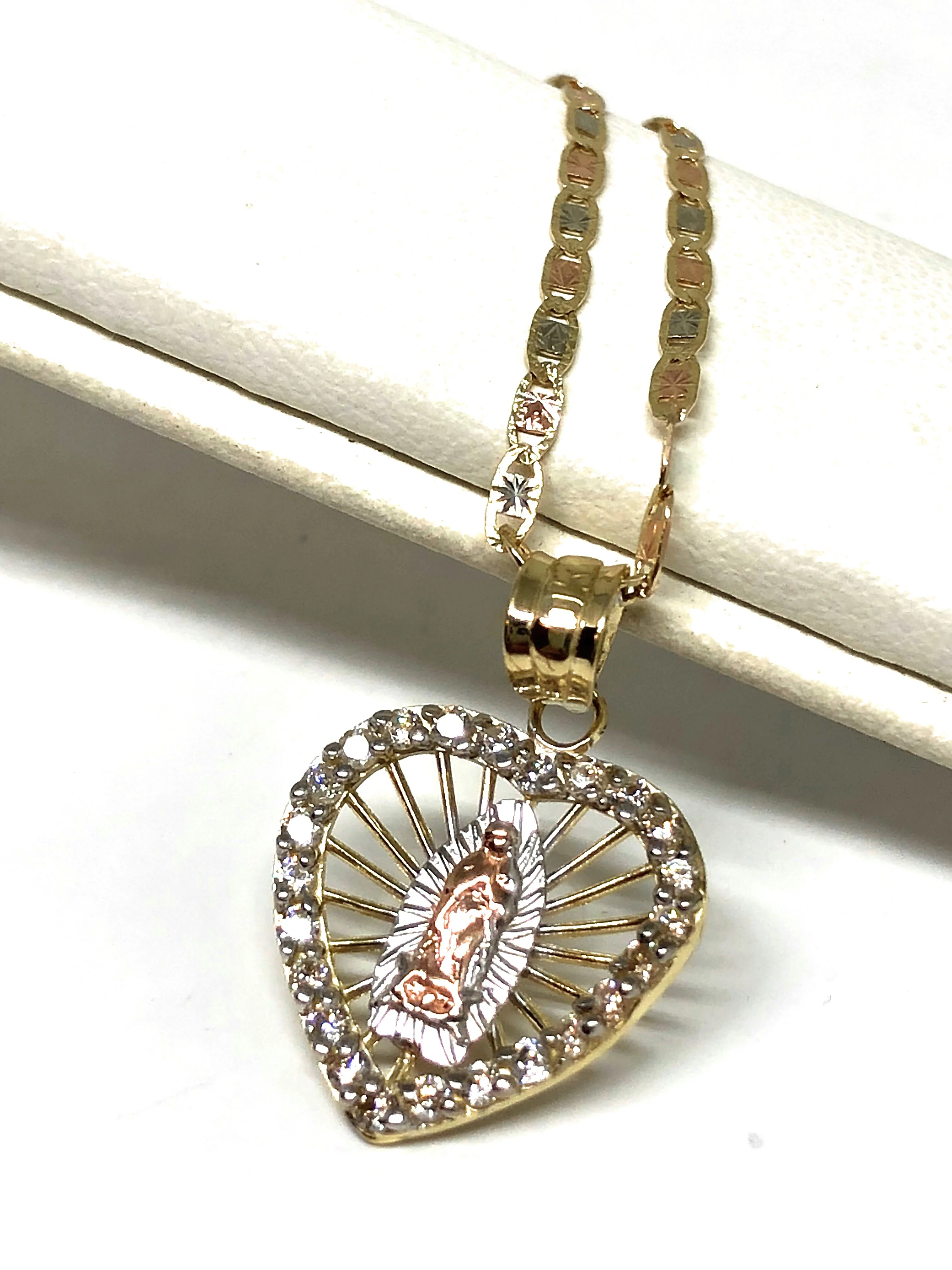 10k Solid Gold Tri-Color Virrgin Mary Heart Pendant Necklace W/ Cubic Zirconia Virrgen Gaudalupe Valentina Chain - Image 3