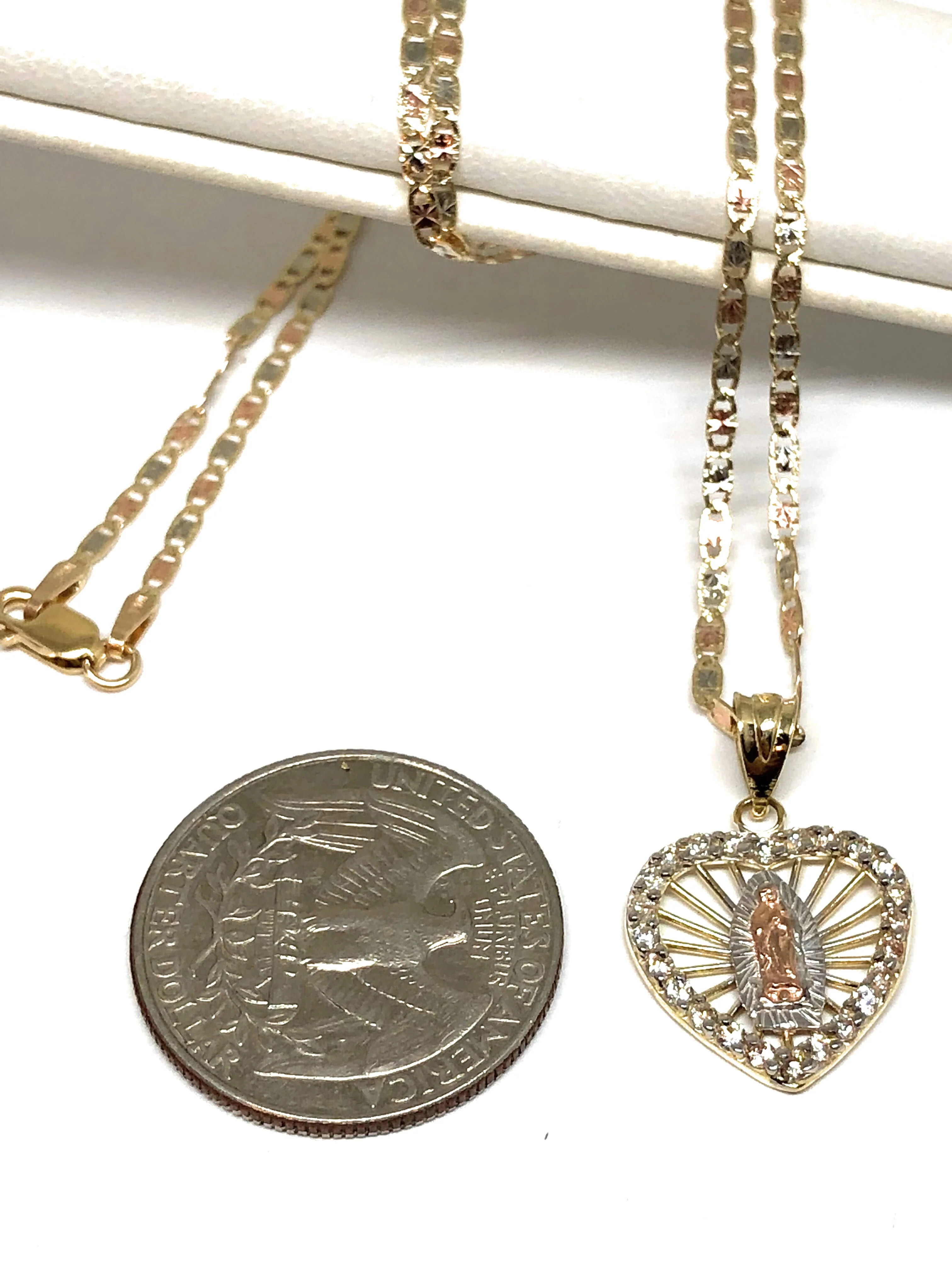 10k Solid Gold Tri-Color Virrgin Mary Heart Pendant Necklace W/ Cubic Zirconia Virrgen Gaudalupe Valentina Chain - Image 4