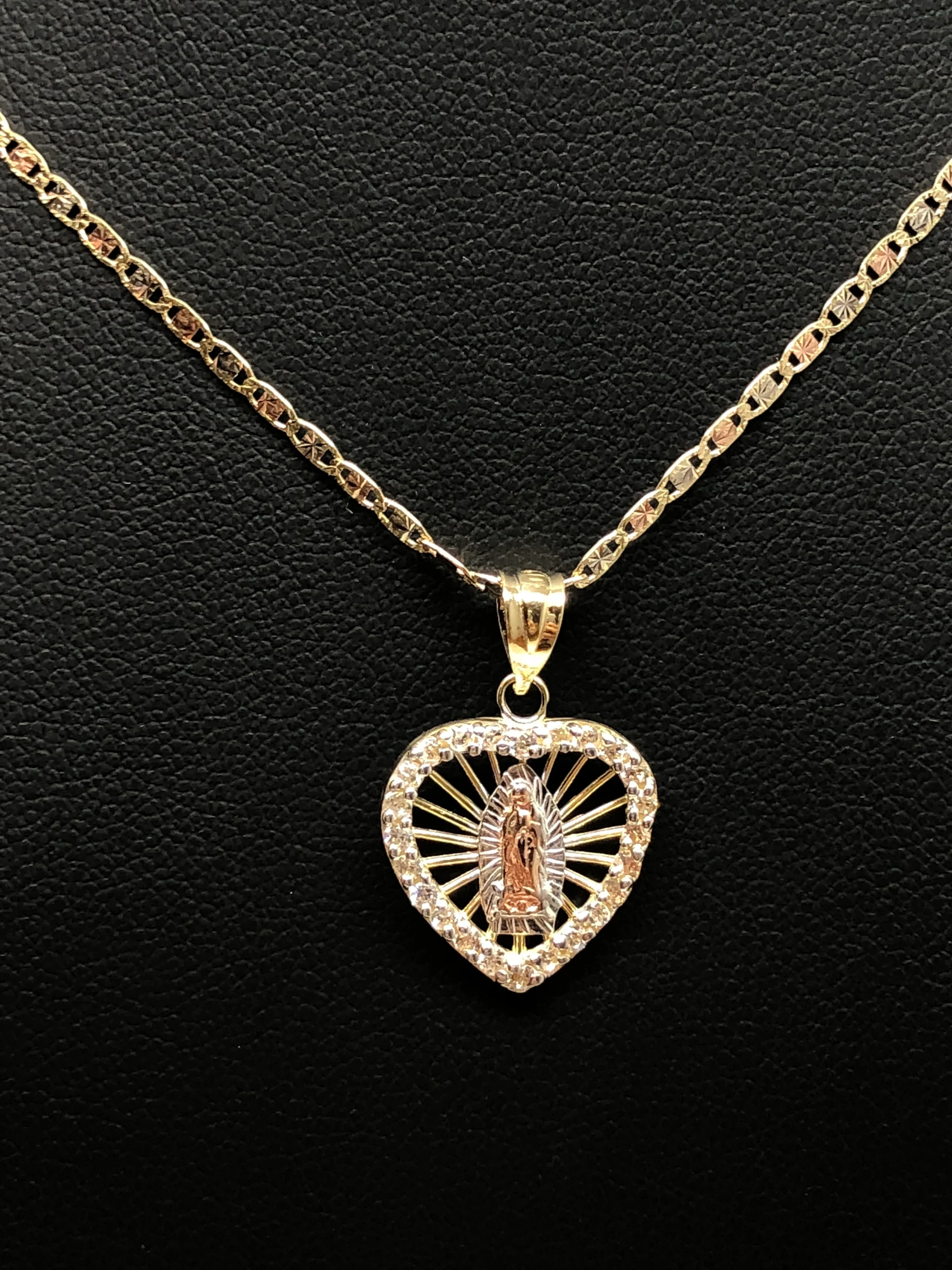 10k Solid Gold Tri-Color Virrgin Mary Heart Pendant Necklace W/ Cubic Zirconia Virrgen Gaudalupe Valentina Chain - Image 5