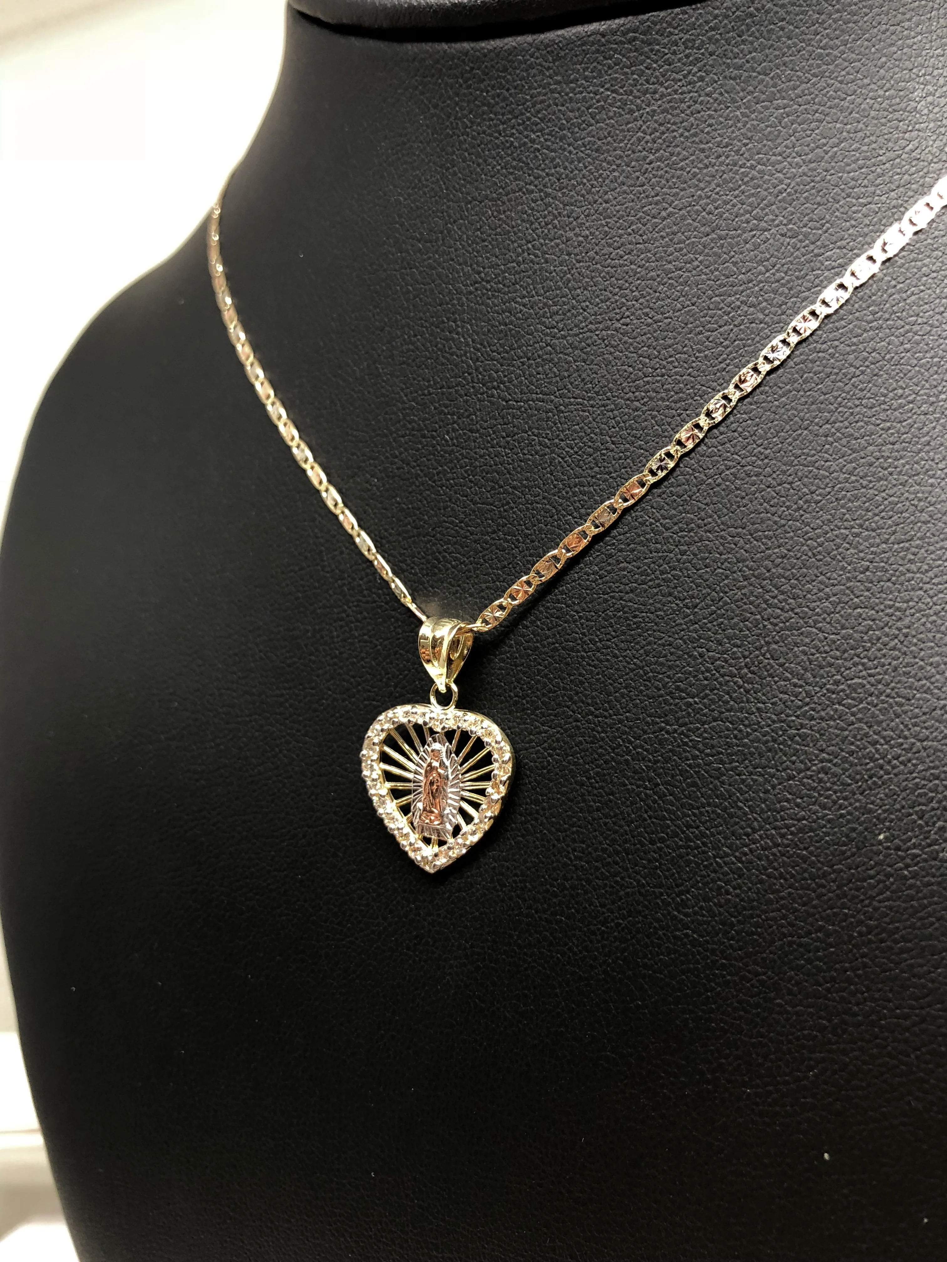 10k Solid Gold Tri-Color Virrgin Mary Heart Pendant Necklace W/ Cubic Zirconia Virrgen Gaudalupe Valentina Chain - Image 6