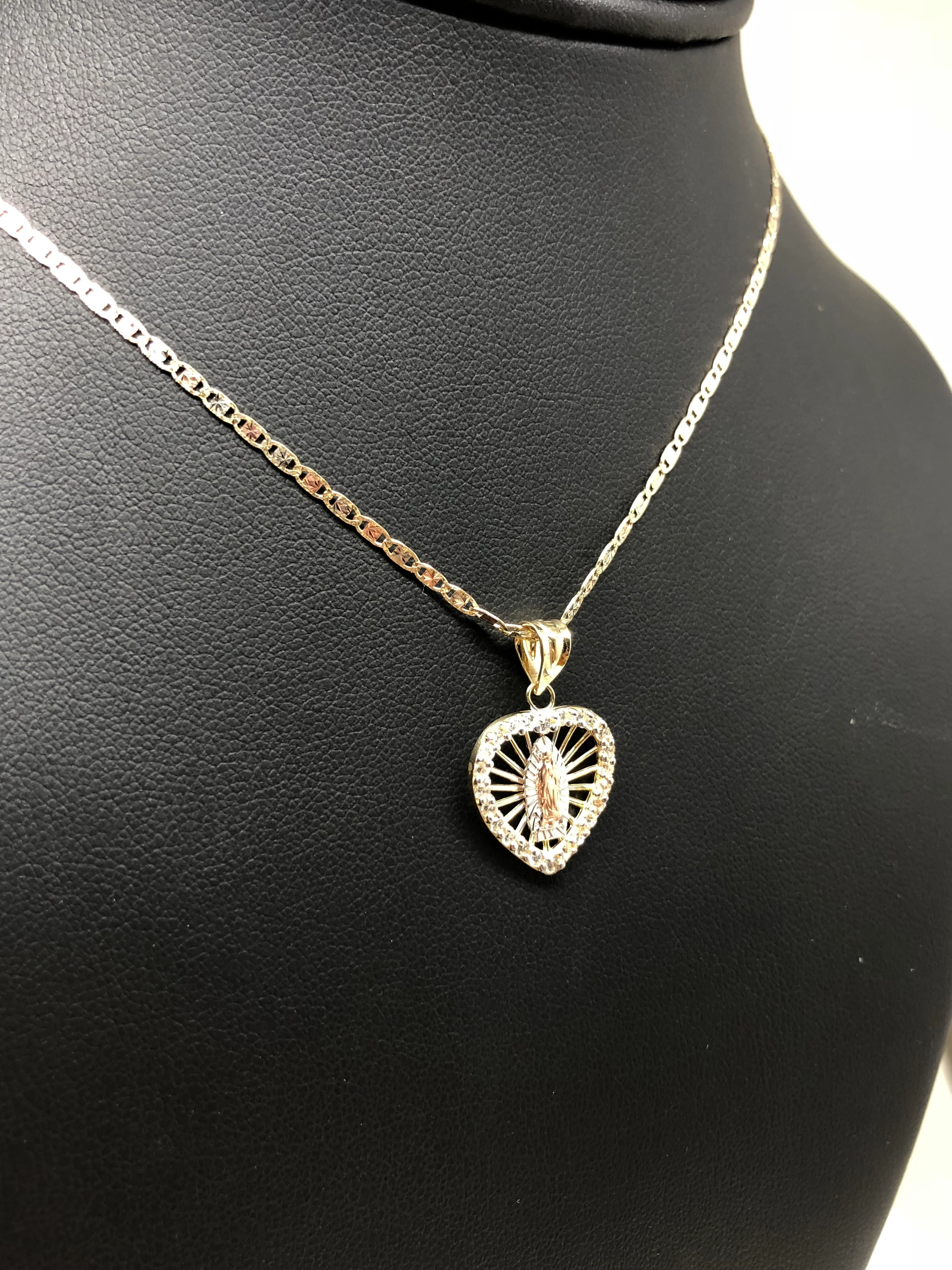 10k Solid Gold Tri-Color Virrgin Mary Heart Pendant Necklace W/ Cubic Zirconia Virrgen Gaudalupe Valentina Chain - Image 8