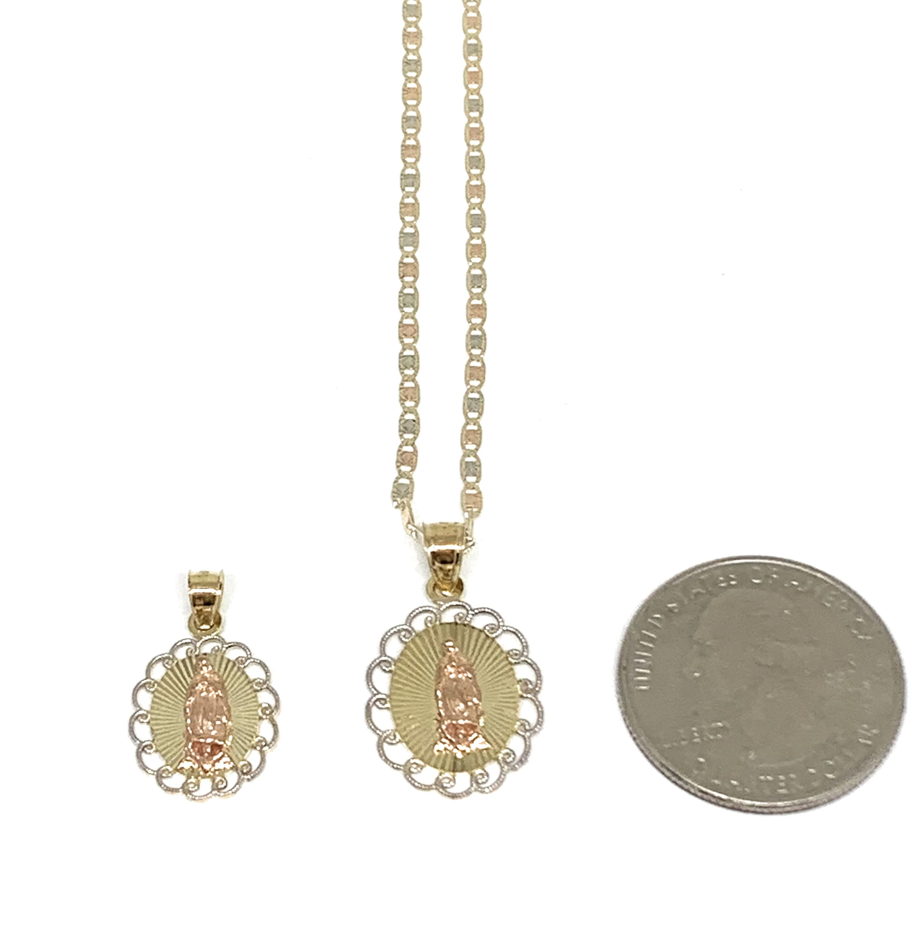10k Solid Gold Tri-Color Virrgin Mary Layered Pendant Necklace Virrgen Gaudalupe Valentina Chain - Image 2