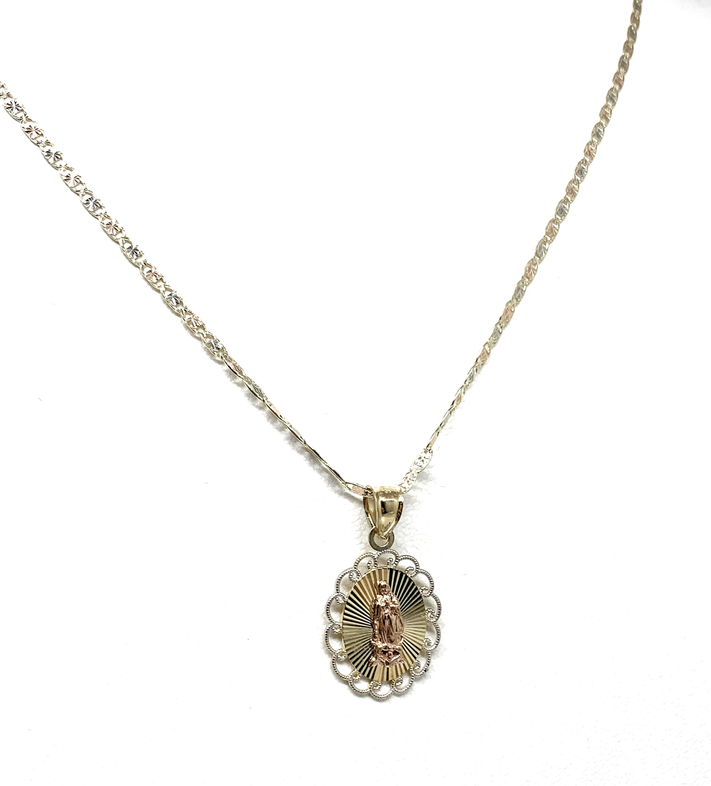 10k Solid Gold Tri-Color Virrgin Mary Layered Pendant Necklace Virrgen Gaudalupe Valentina Chain - Image 3