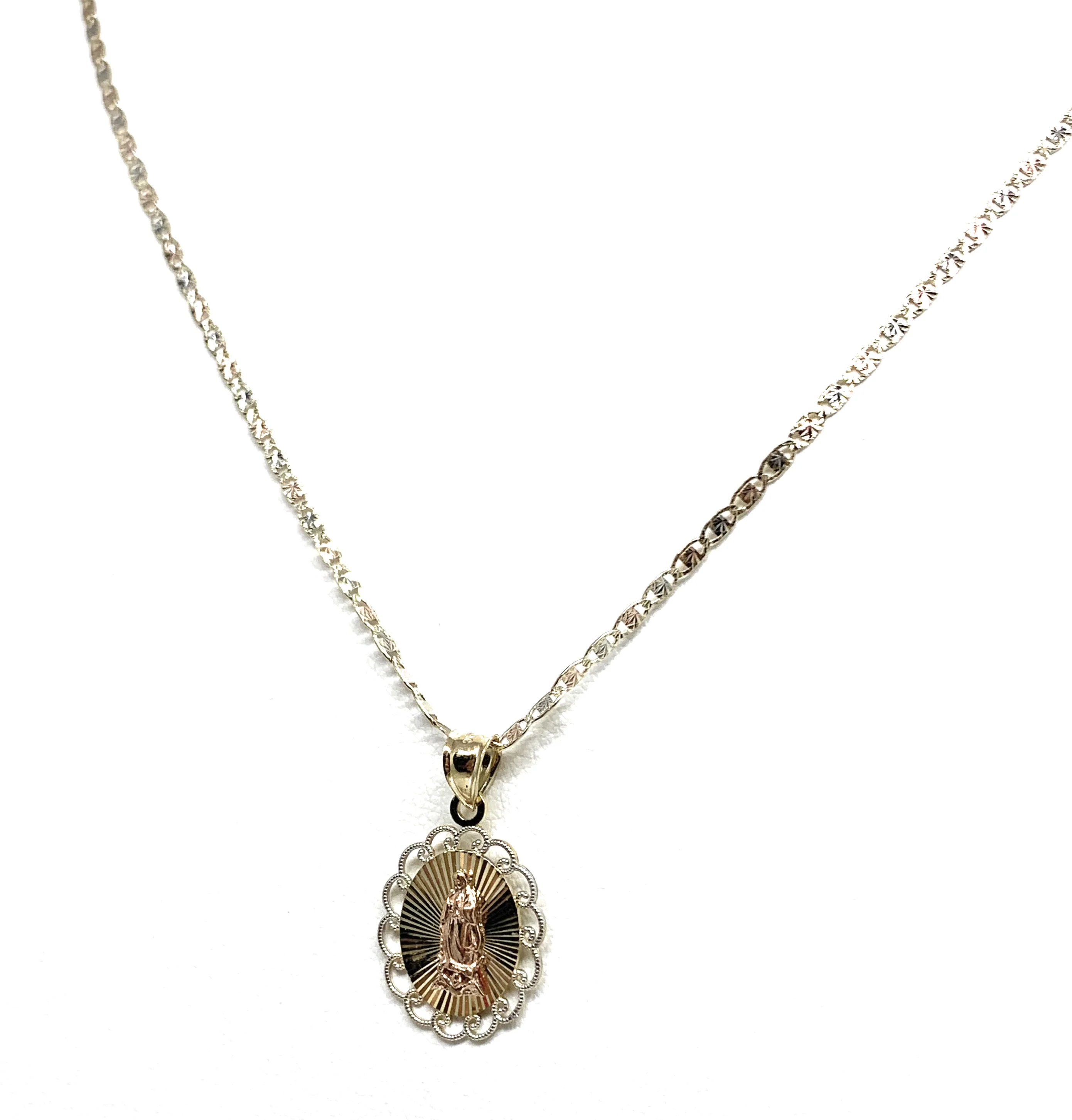 10k Solid Gold Tri-Color Virrgin Mary Layered Pendant Necklace Virrgen Gaudalupe Valentina Chain - Image 4