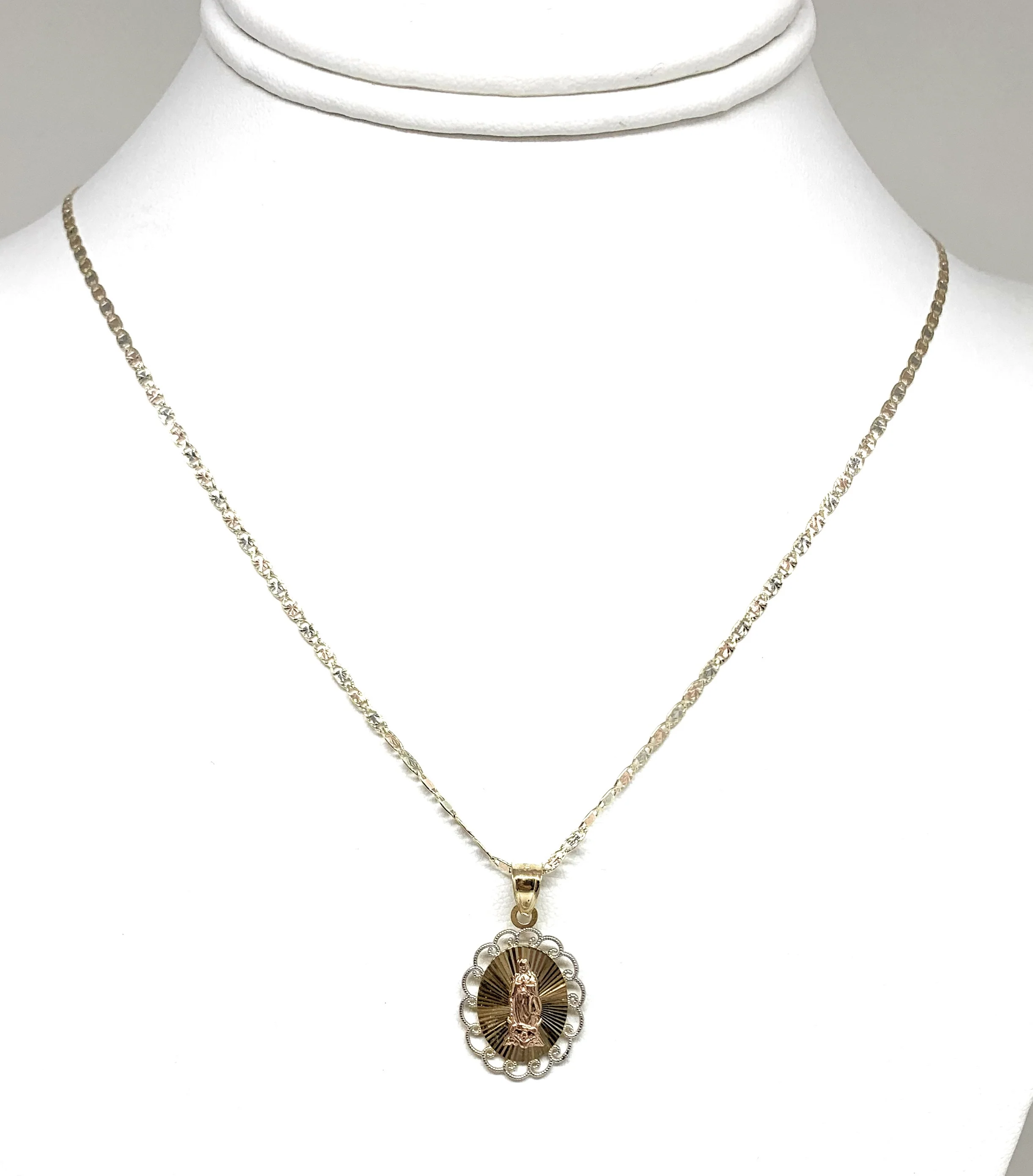 10k Solid Gold Tri-Color Virrgin Mary Layered Pendant Necklace Virrgen Gaudalupe Valentina Chain - Image 6