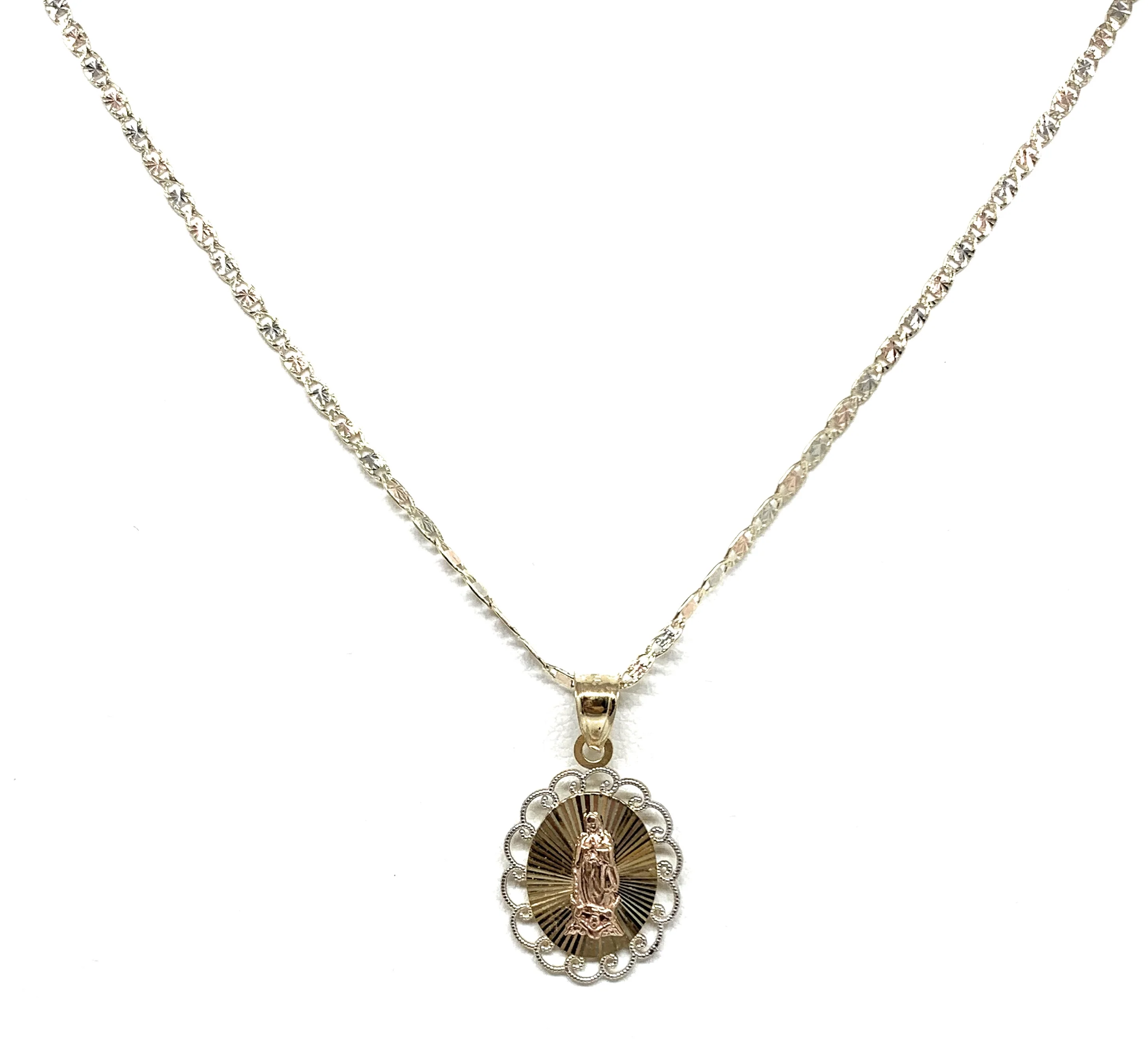 10k Solid Gold Tri-Color Virrgin Mary Layered Pendant Necklace Virrgen Gaudalupe Valentina Chain - Image 7