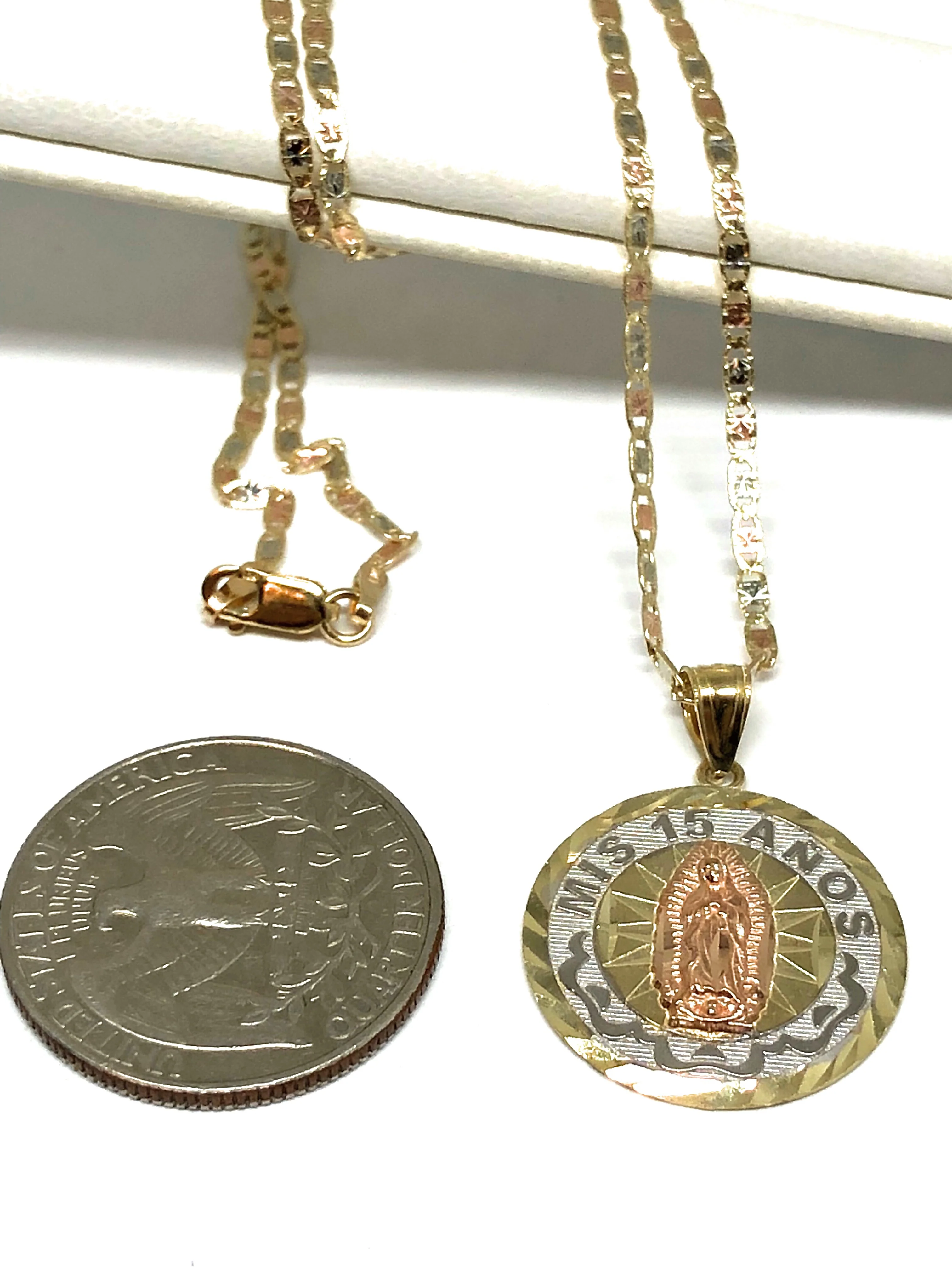 10k Solid Gold Tri-Color Virrgin Mary Mis 15 Años Pendant Necklace Virrgen Gaudalupe Valentina Chain - Image 4