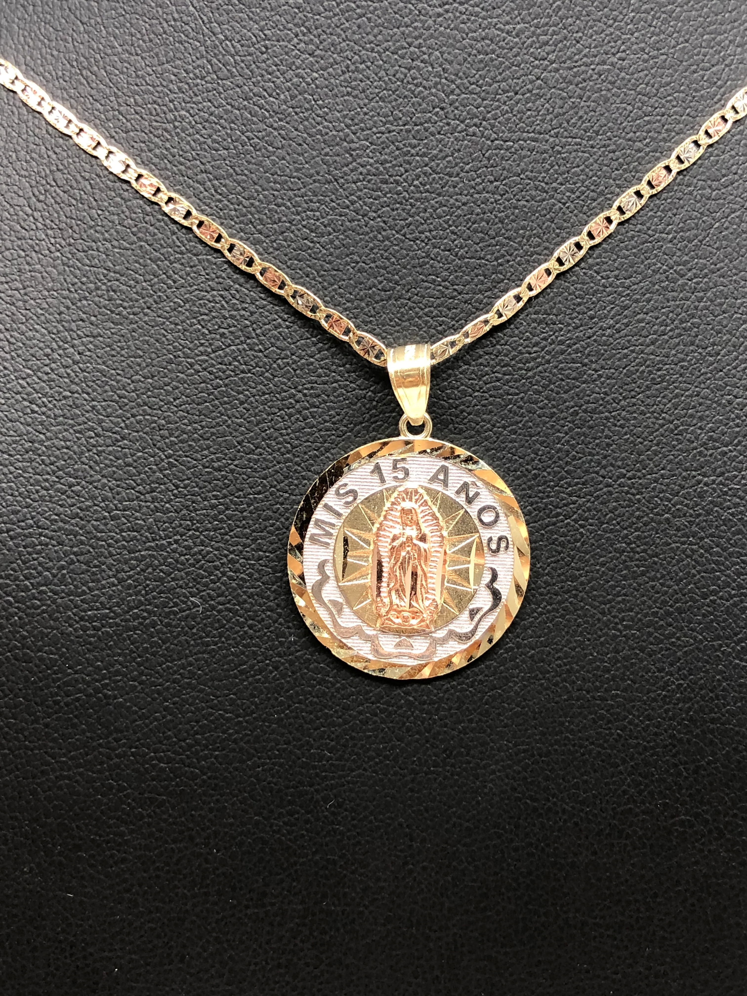 10k Solid Gold Tri-Color Virrgin Mary Mis 15 Años Pendant Necklace Virrgen Gaudalupe Valentina Chain - Image 9