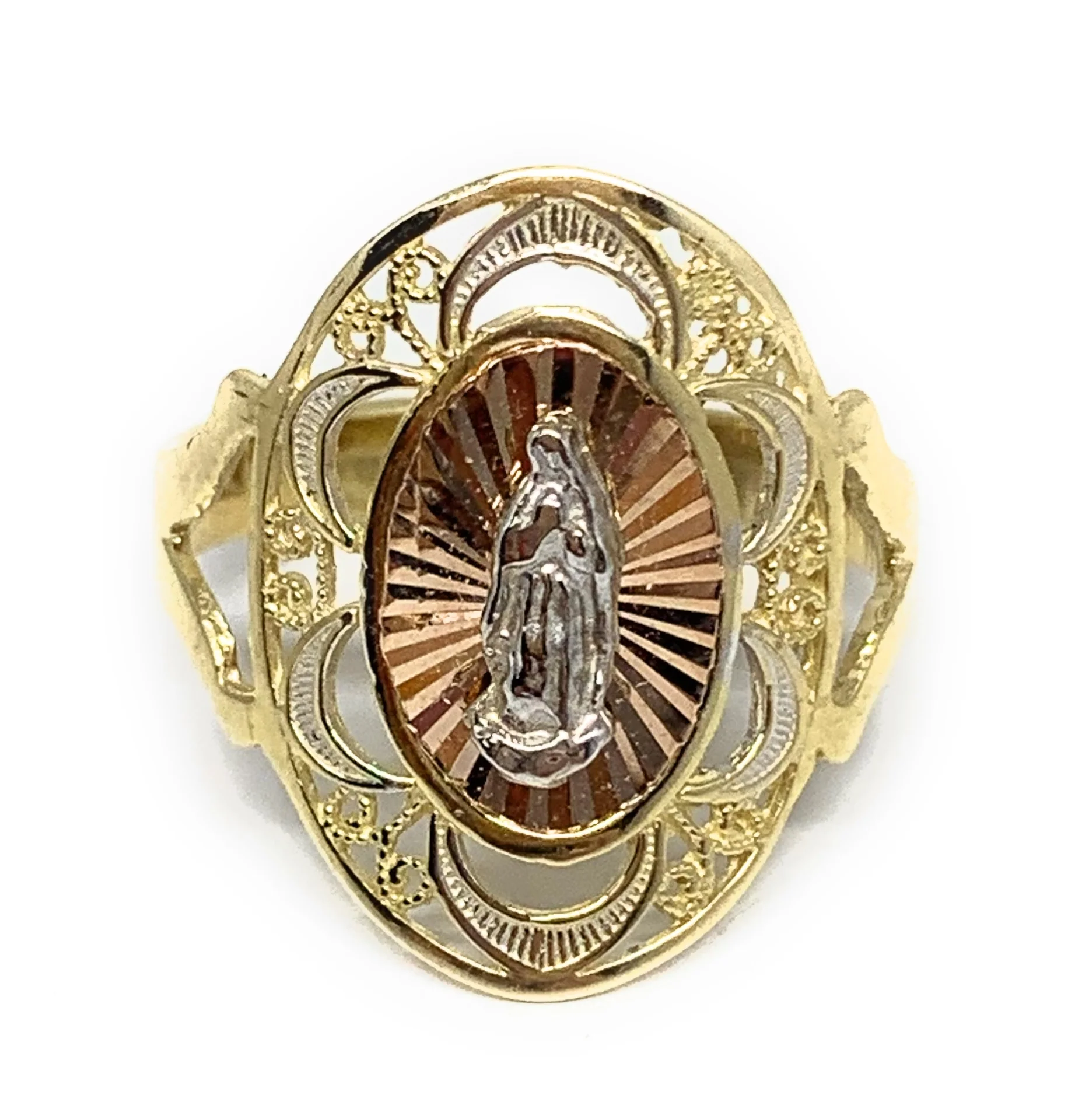 10k Solid Gold Tri-Color Virrgin Mary Oval Elegant Ring
