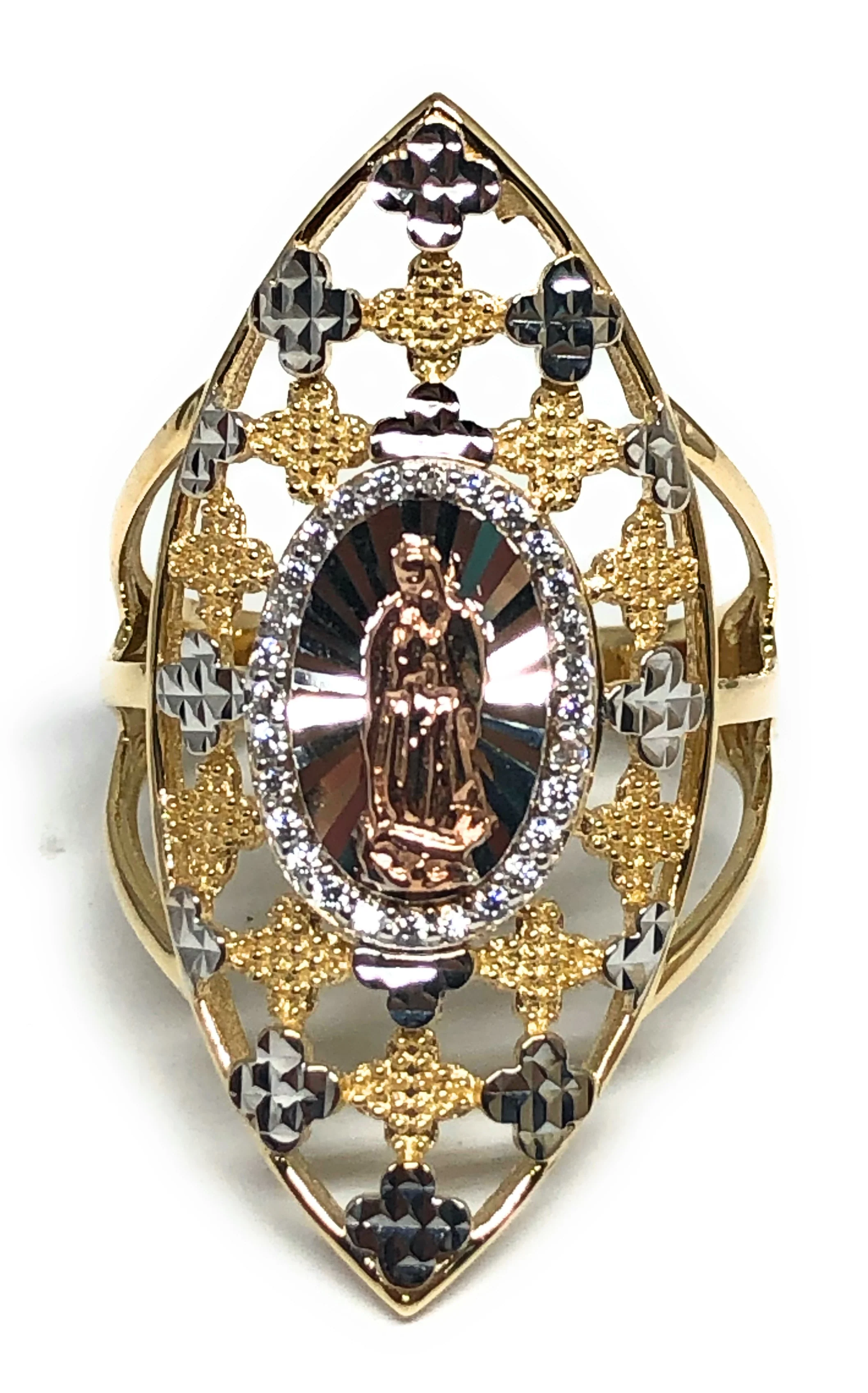 10k Solid Gold Tri-Color Virrgin Mary Oval Fancy CZ Ring (FC 29)