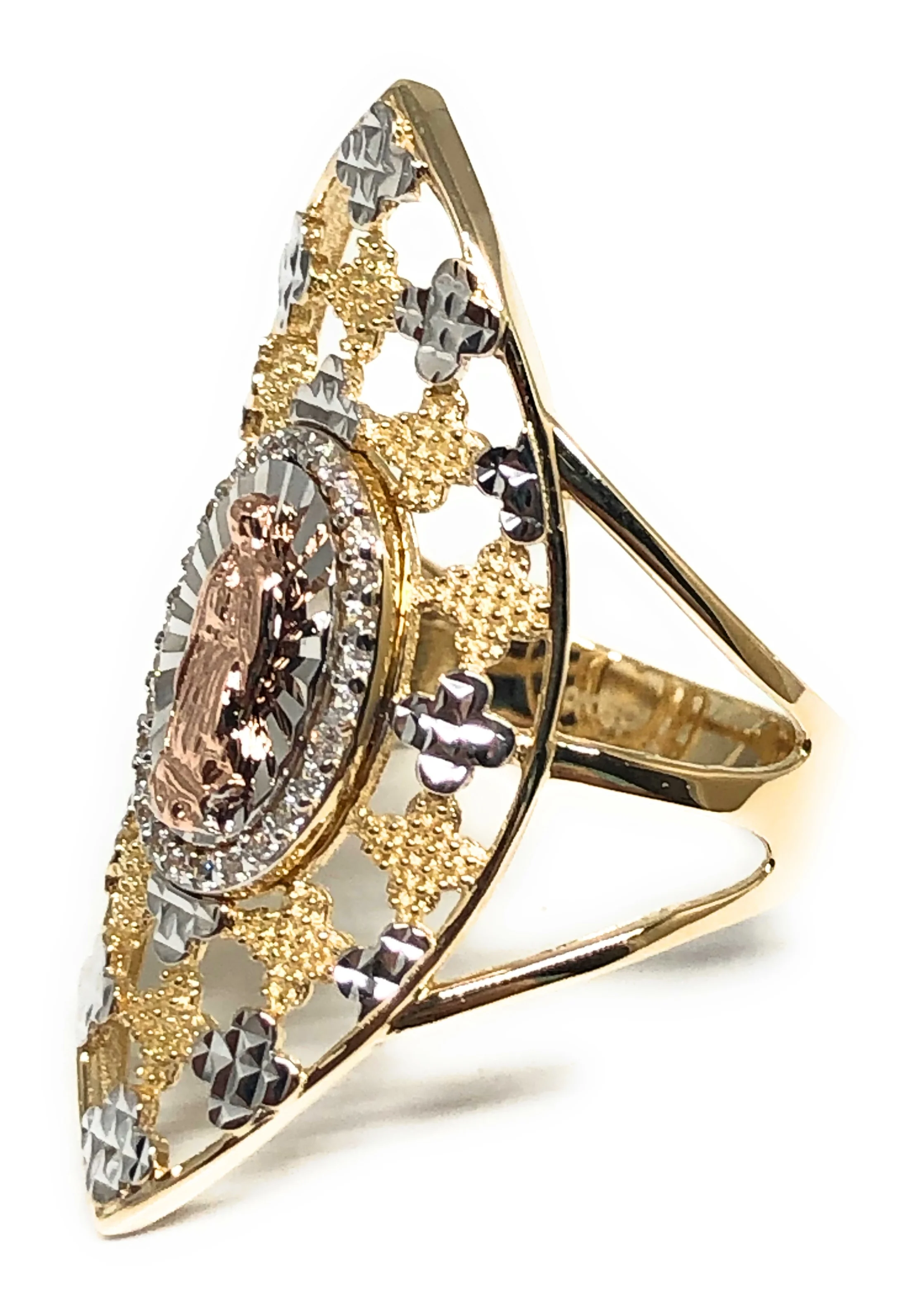 10k Solid Gold Tri-Color Virrgin Mary Oval Fancy CZ Ring (FC 29) - Image 2