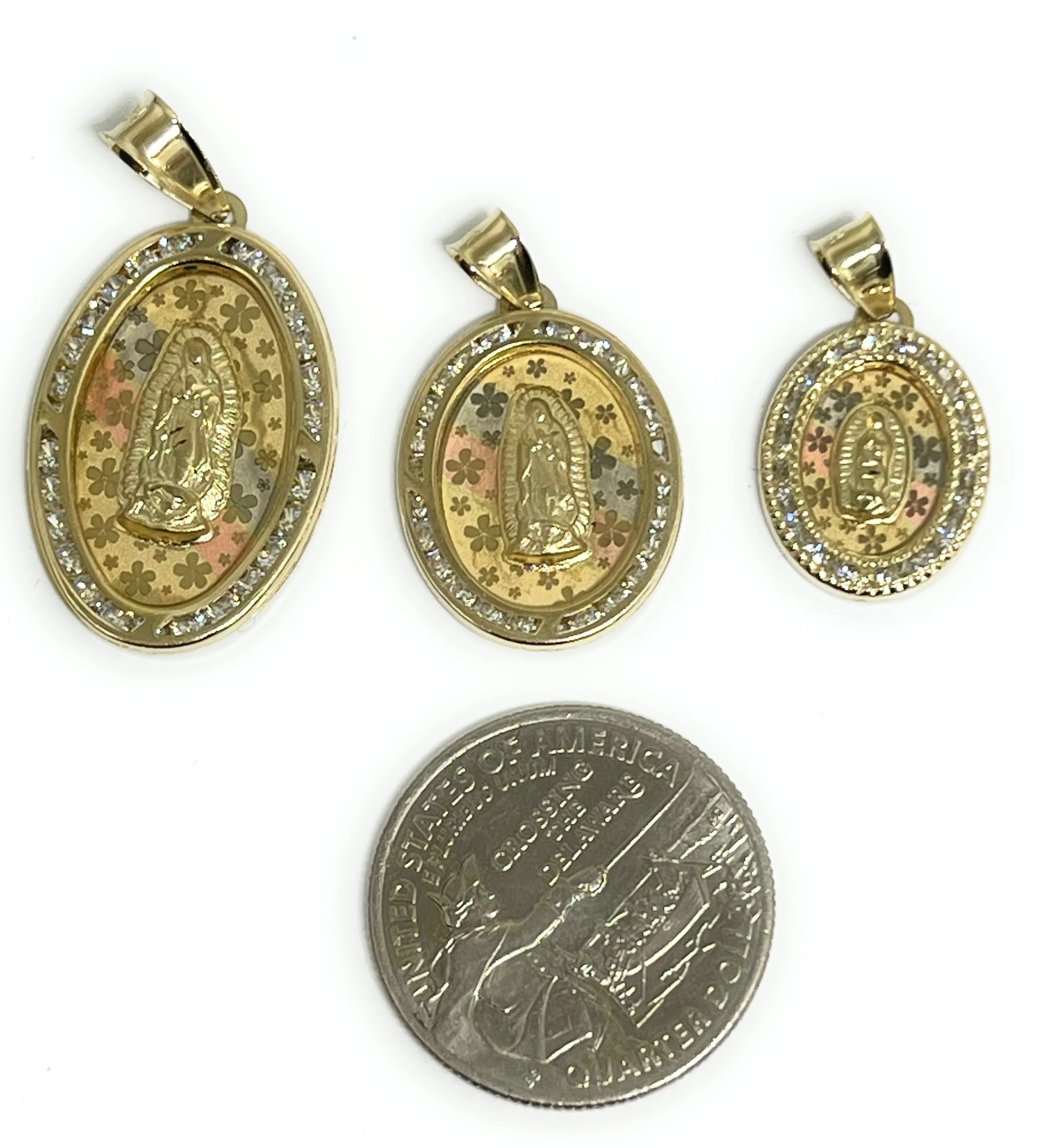 10k Solid Gold Tri-Color Virrgin Mary Oval Flower Print CZ Pendant Necklace Virrgen Gaudalupe (LG,MED,SM) - Image 2
