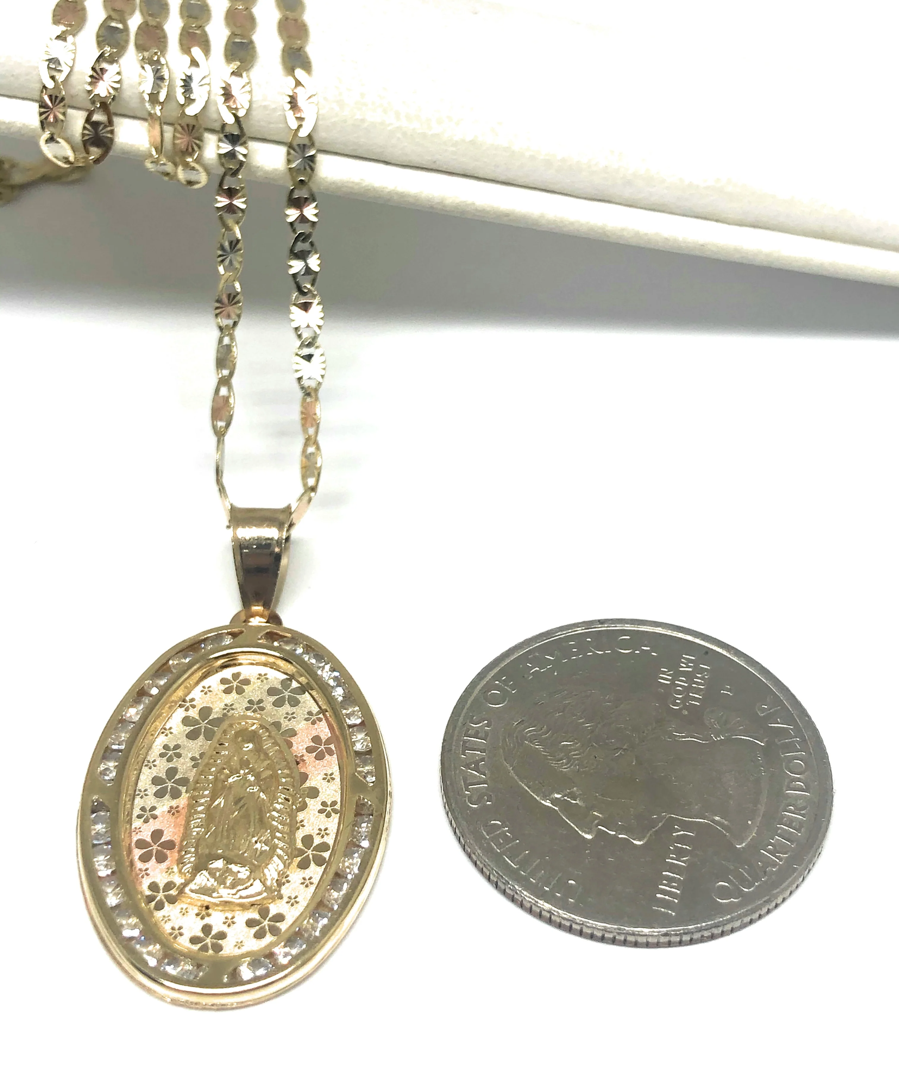 10k Solid Gold Tri-Color Virrgin Mary Oval Flower Print CZ Pendant Necklace Virrgen Gaudalupe (LG,MED,SM) - Image 3
