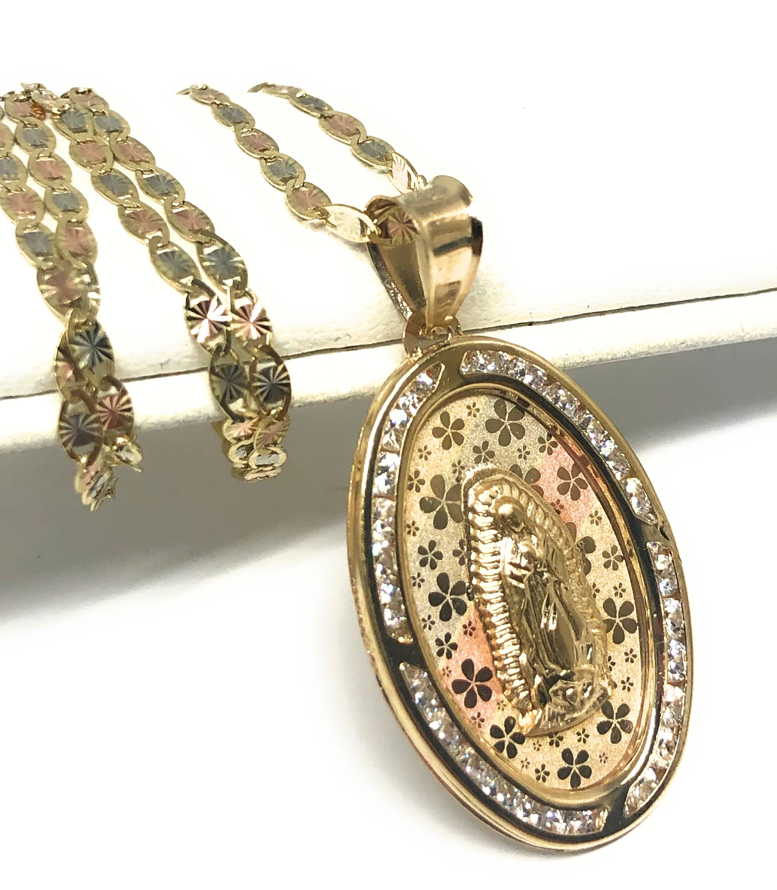 10k Solid Gold Tri-Color Virrgin Mary Oval Flower Print CZ Pendant Necklace Virrgen Gaudalupe (LG,MED,SM) - Image 4