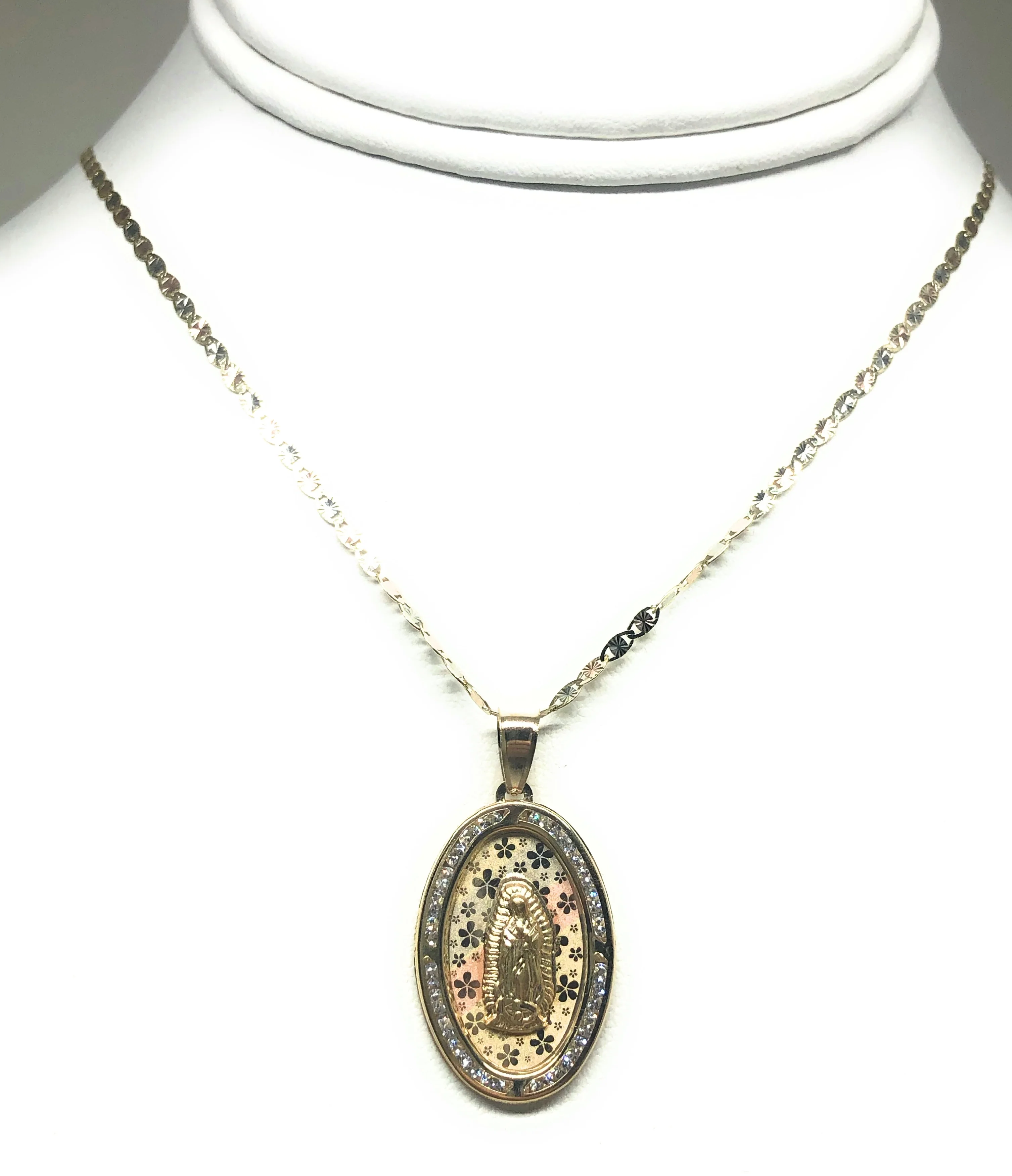 10k Solid Gold Tri-Color Virrgin Mary Oval Flower Print CZ Pendant Necklace Virrgen Gaudalupe (LG,MED,SM) - Image 6