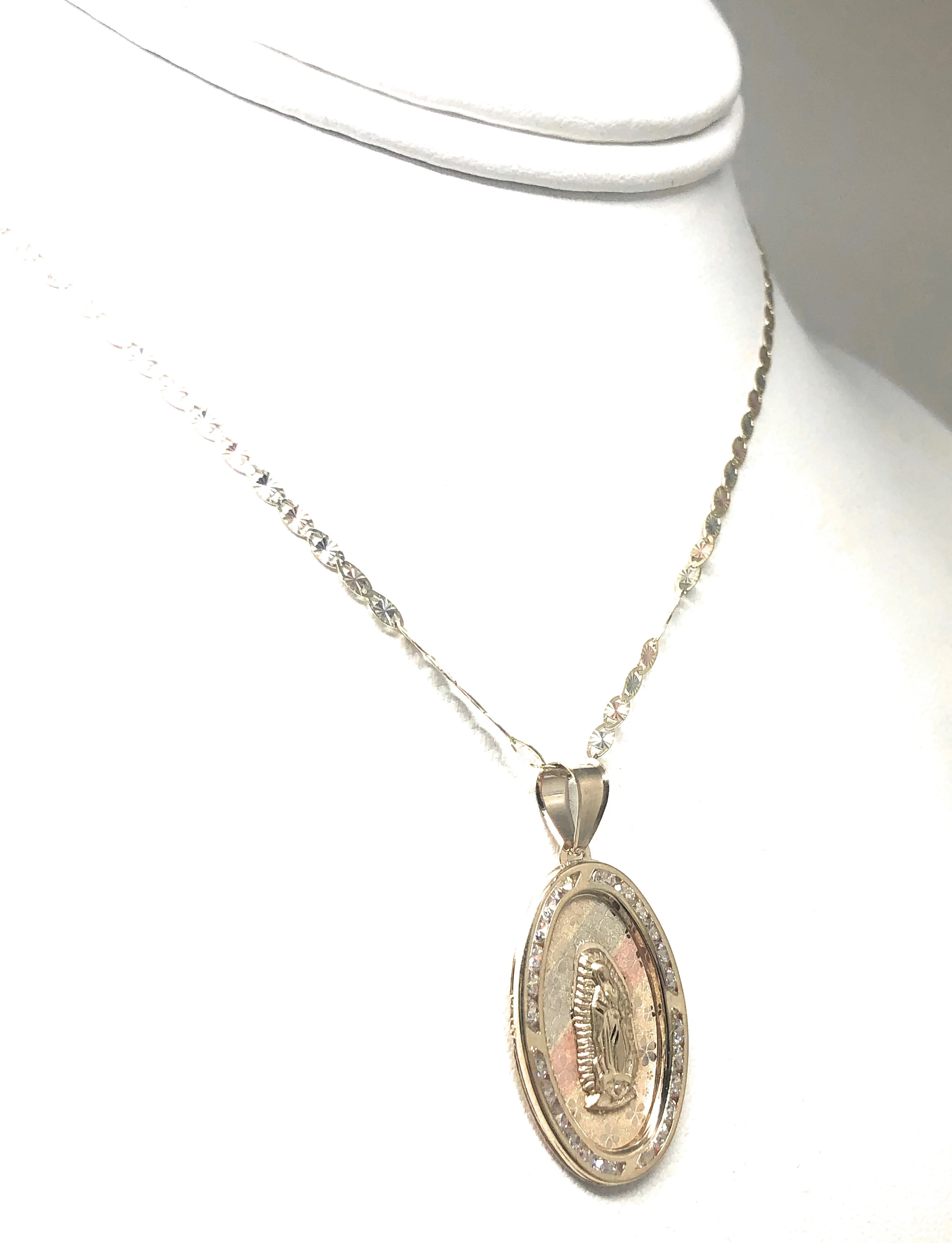 10k Solid Gold Tri-Color Virrgin Mary Oval Flower Print CZ Pendant Necklace Virrgen Gaudalupe (LG,MED,SM) - Image 7
