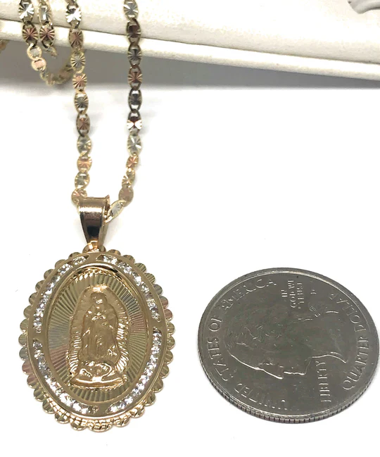 10k Solid Gold Tri-Color Virrgin Mary Oval Pendant Necklace W/ Cubic Zirconia Virrgen Gaudalupe (LG, MED, SM) - Image 2