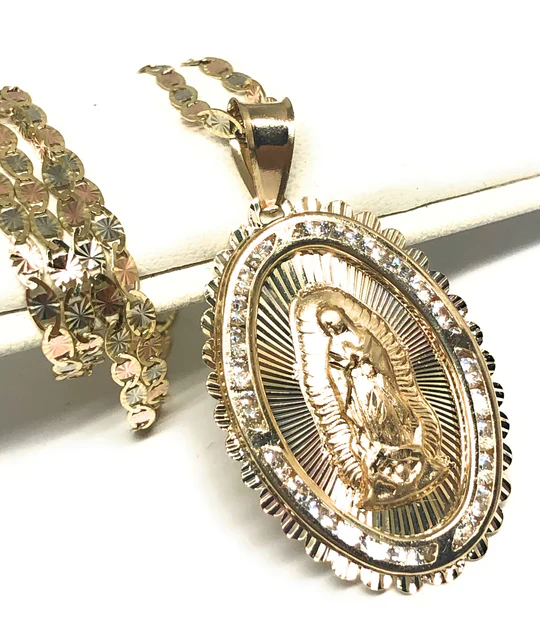 10k Solid Gold Tri-Color Virrgin Mary Oval Pendant Necklace W/ Cubic Zirconia Virrgen Gaudalupe (LG, MED, SM) - Image 4
