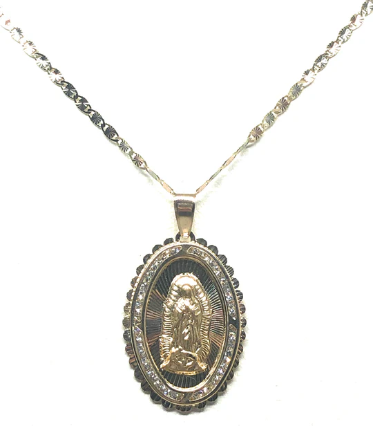 10k Solid Gold Tri-Color Virrgin Mary Oval Pendant Necklace W/ Cubic Zirconia Virrgen Gaudalupe (LG, MED, SM) - Image 5