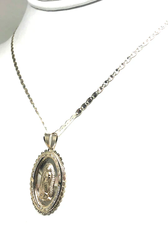 10k Solid Gold Tri-Color Virrgin Mary Oval Pendant Necklace W/ Cubic Zirconia Virrgen Gaudalupe (LG, MED, SM) - Image 6