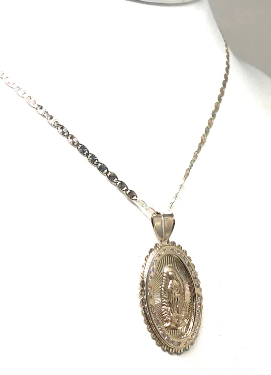 10k Solid Gold Tri-Color Virrgin Mary Oval Pendant Necklace W/ Cubic Zirconia Virrgen Gaudalupe (LG, MED, SM) - Image 7