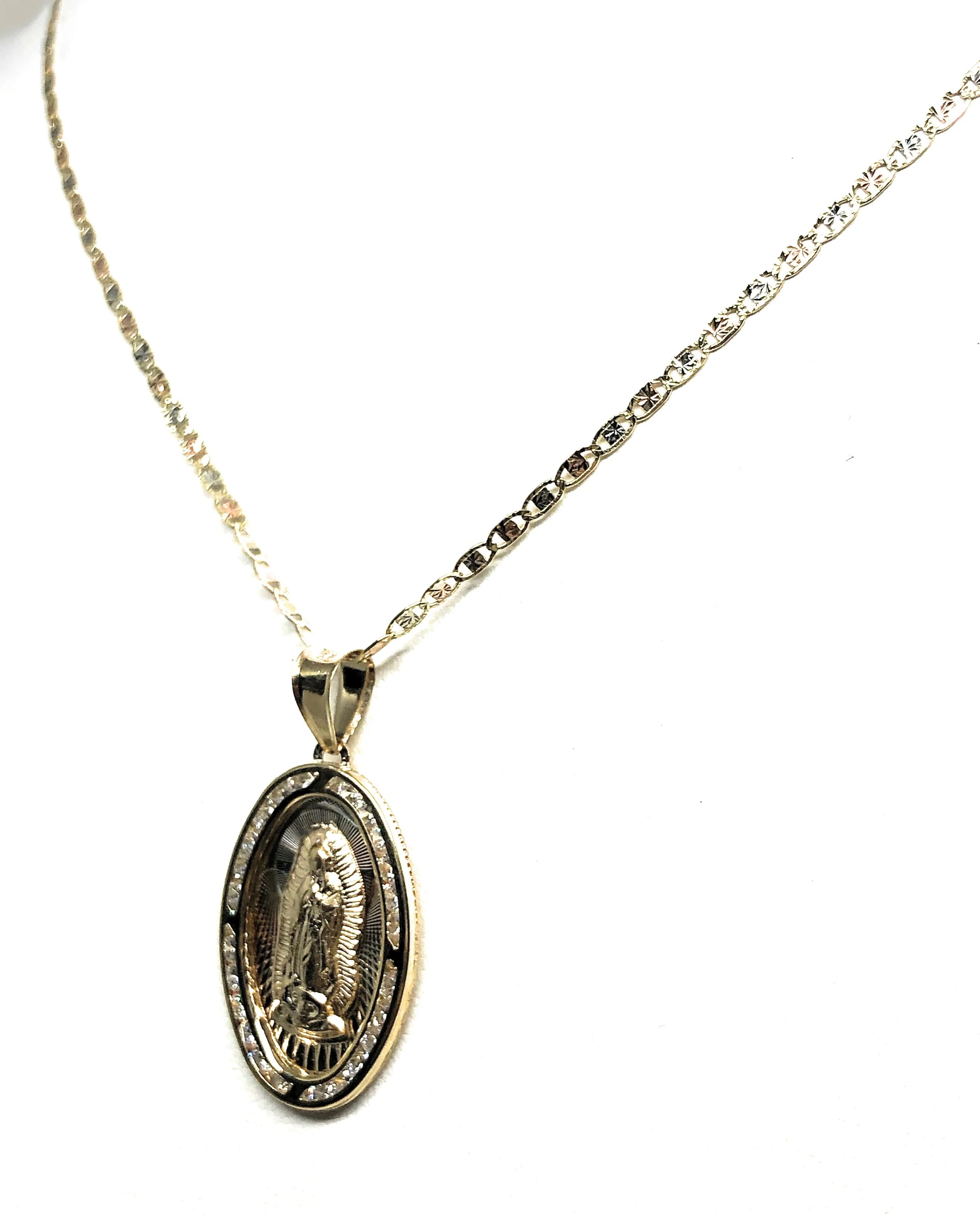 10k Solid Gold Tri-Color Virrgin Mary Oval Pendant Necklace W/ Cubic Zirconia Virrgen Gaudalupe (LG) - Image 7