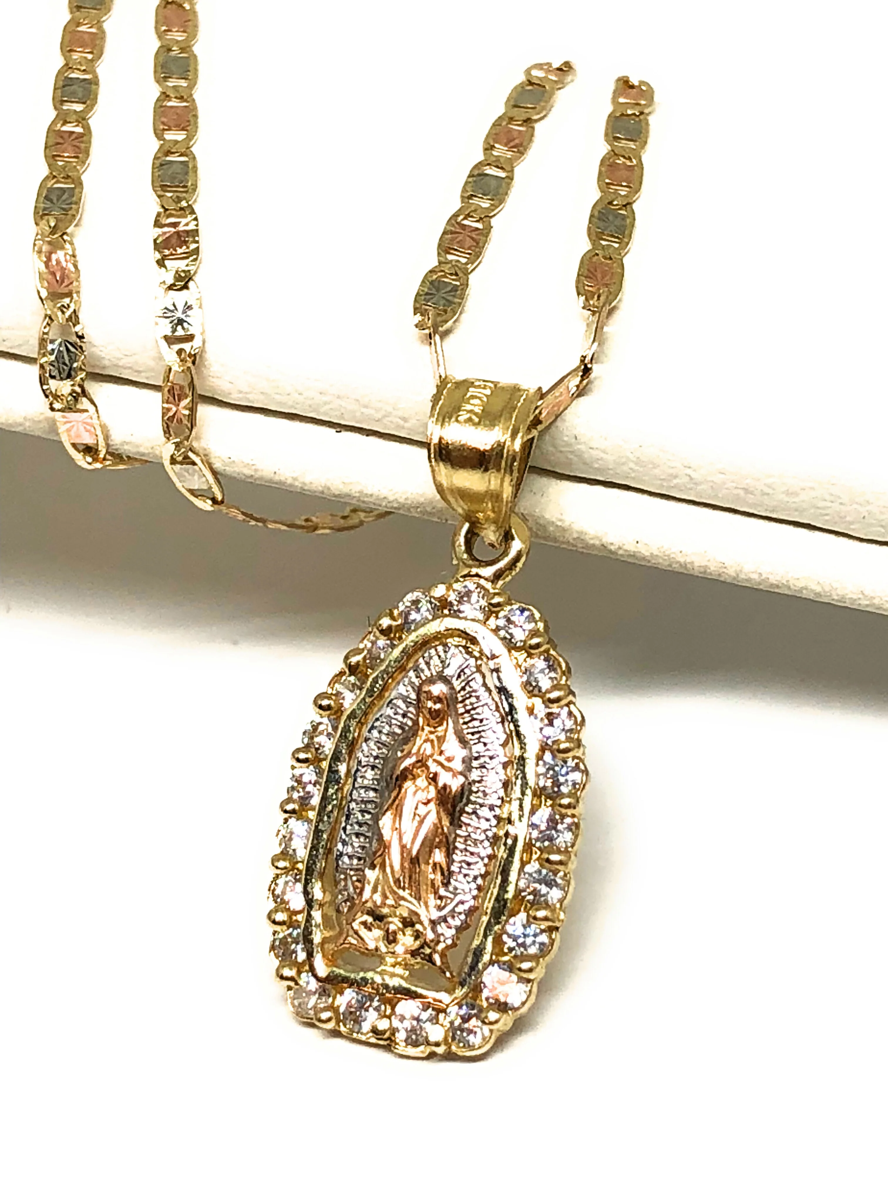 10k Solid Gold Tri-Color Virrgin Mary Pendant Necklace W/ Cubic Zirconia Virrgen Gaudalupe Valentina Chain (SM,MED) - Image 3