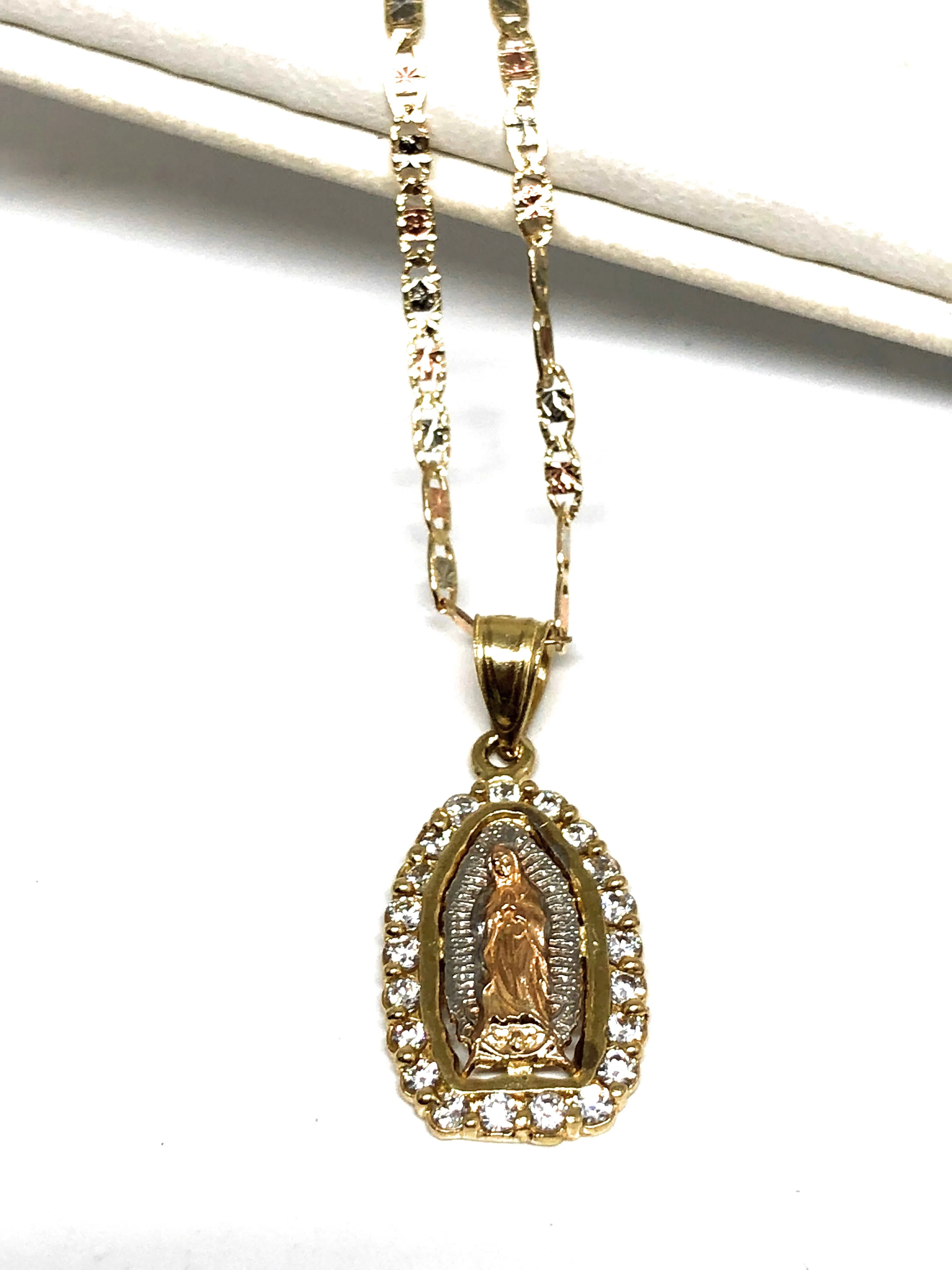 10k Solid Gold Tri-Color Virrgin Mary Pendant Necklace W/ Cubic Zirconia Virrgen Gaudalupe Valentina Chain (SM,MED) - Image 4