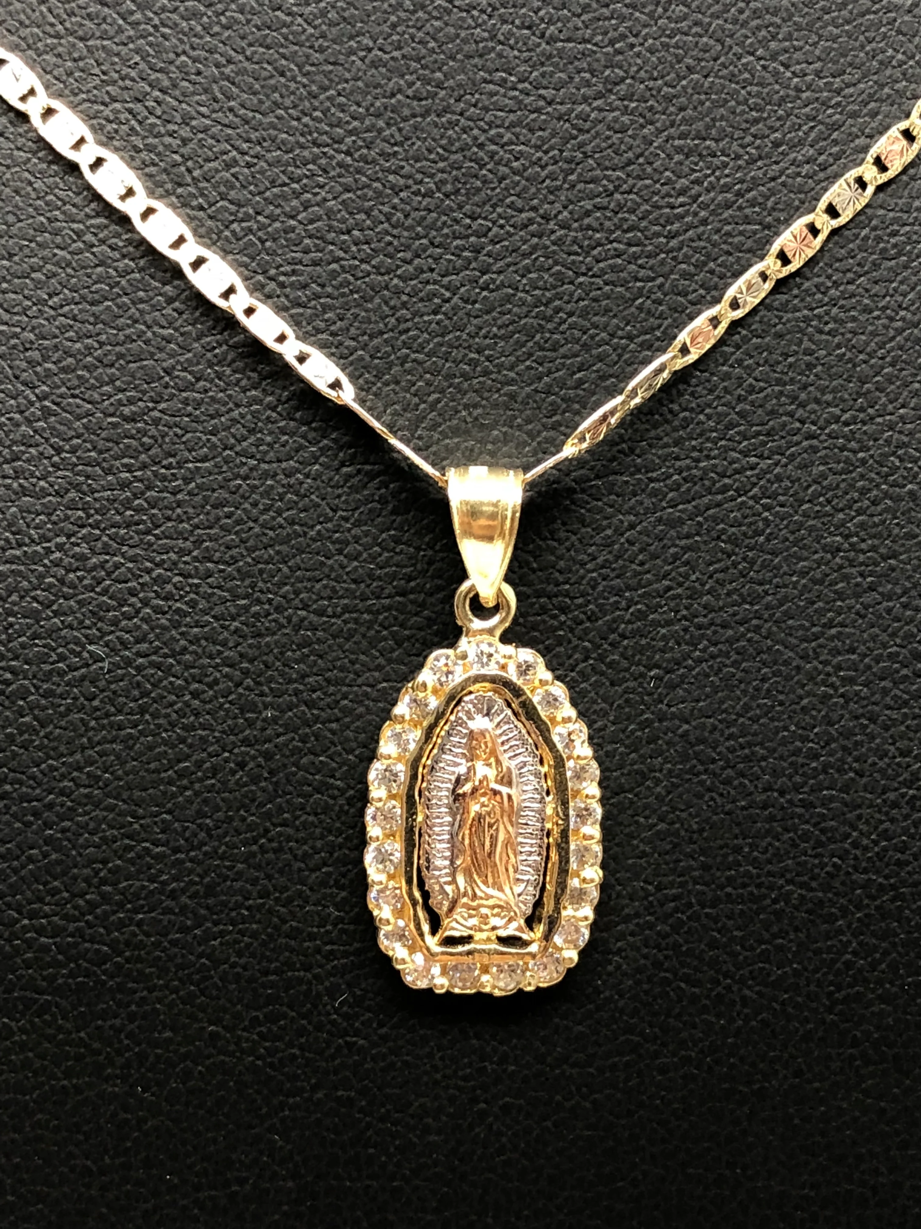 10k Solid Gold Tri-Color Virrgin Mary Pendant Necklace W/ Cubic Zirconia Virrgen Gaudalupe Valentina Chain (SM,MED) - Image 5