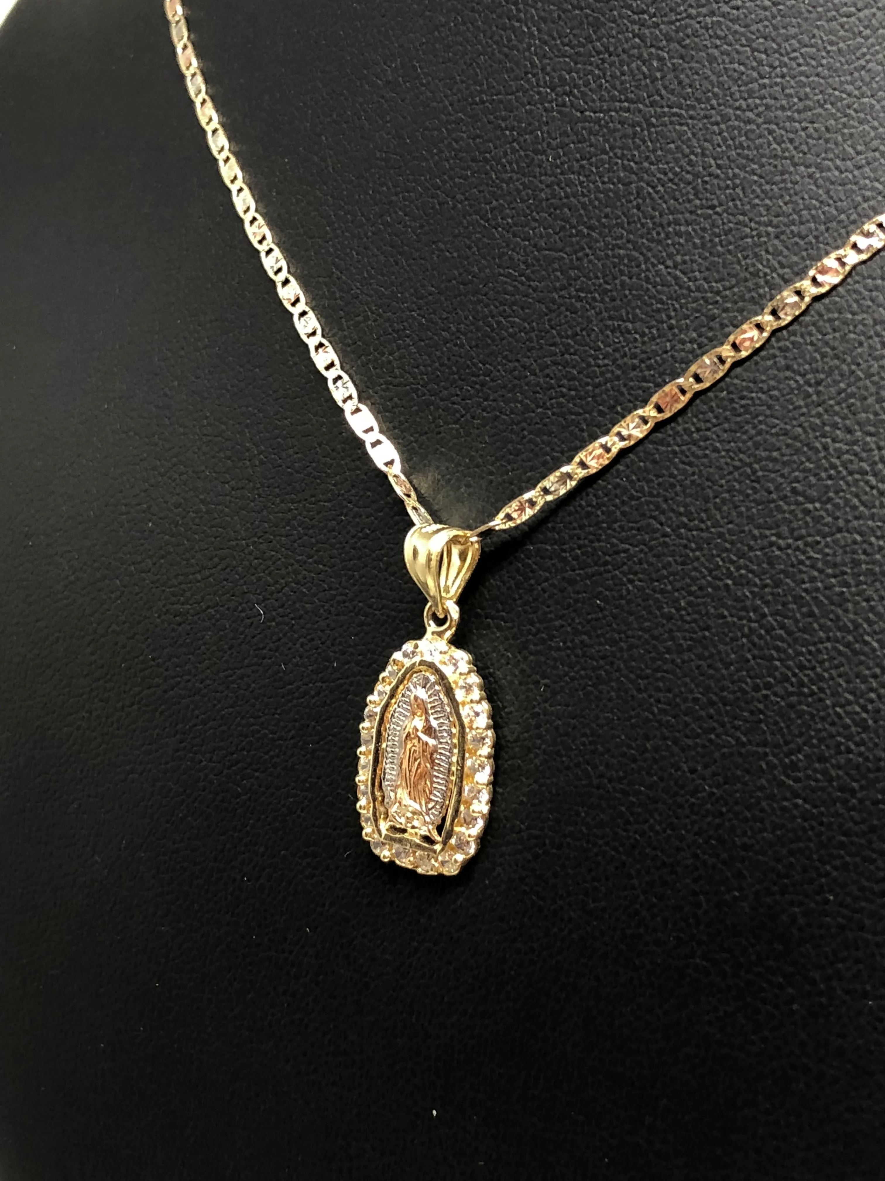 10k Solid Gold Tri-Color Virrgin Mary Pendant Necklace W/ Cubic Zirconia Virrgen Gaudalupe Valentina Chain (SM,MED) - Image 7