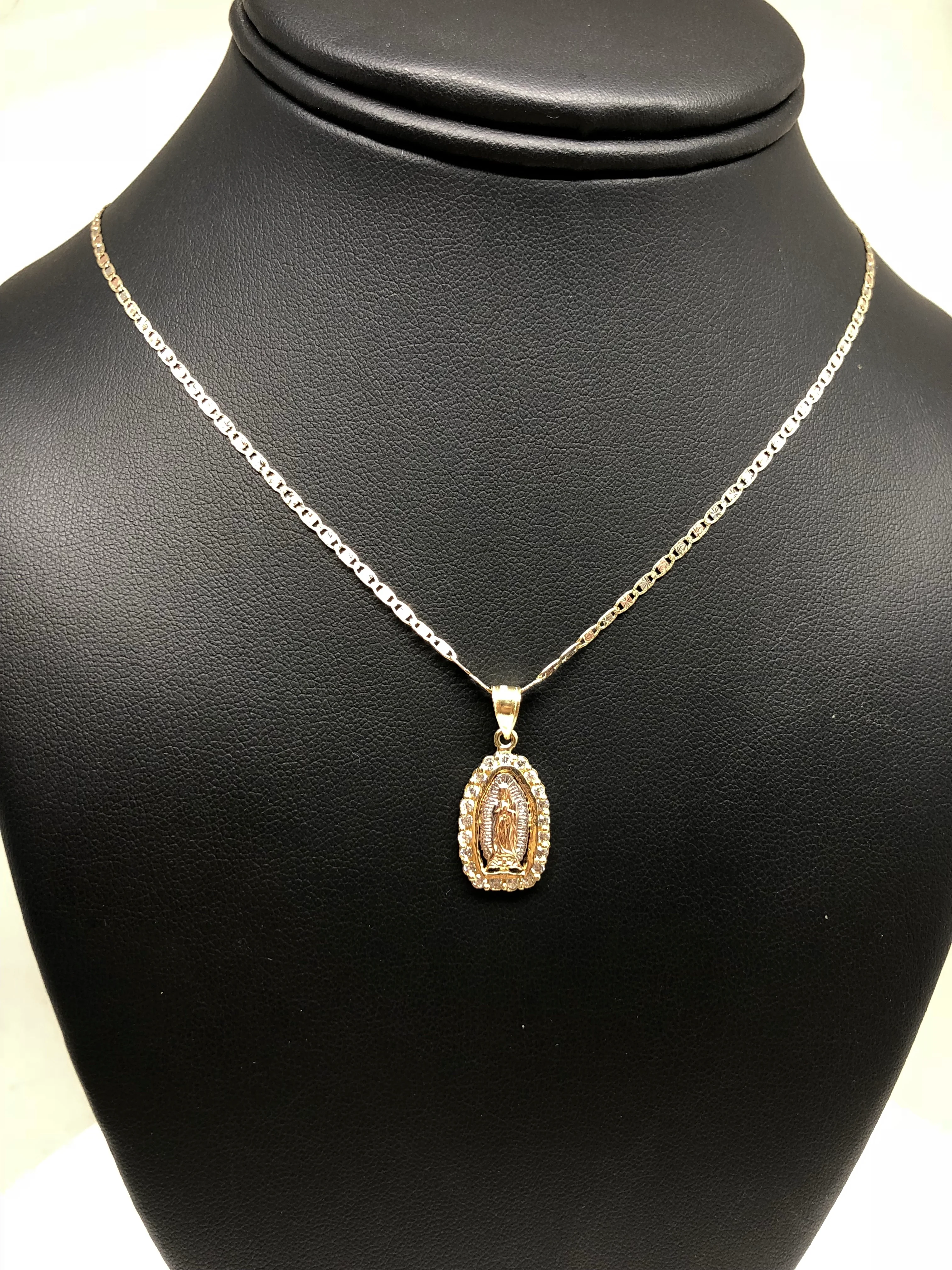 10k Solid Gold Tri-Color Virrgin Mary Pendant Necklace W/ Cubic Zirconia Virrgen Gaudalupe Valentina Chain (SM,MED) - Image 9