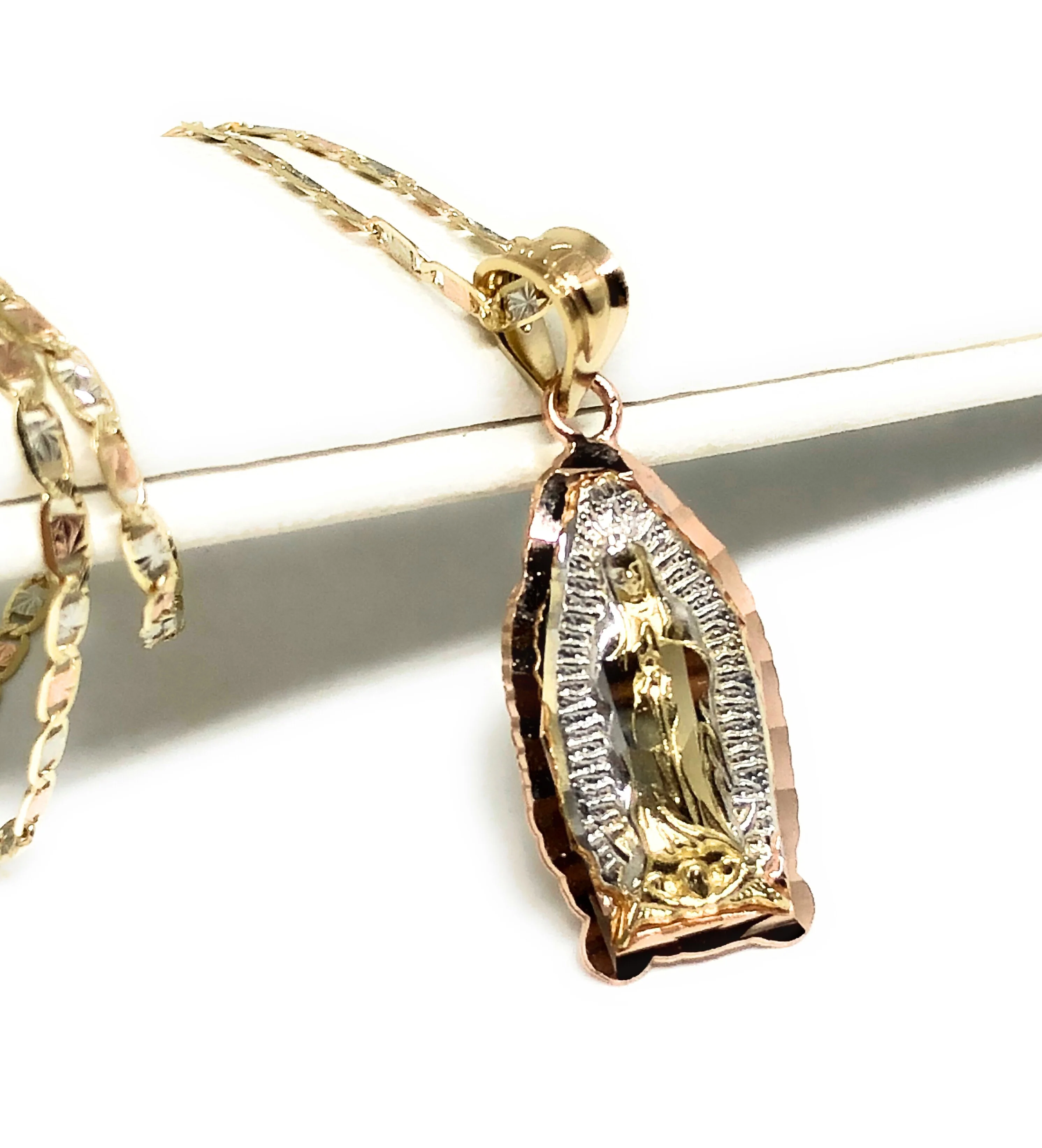 10k Solid Gold Tri-Color Virrgin Mary Pendant Virrgen Guadalupe Tri-Color Chain (MED) - Image 4