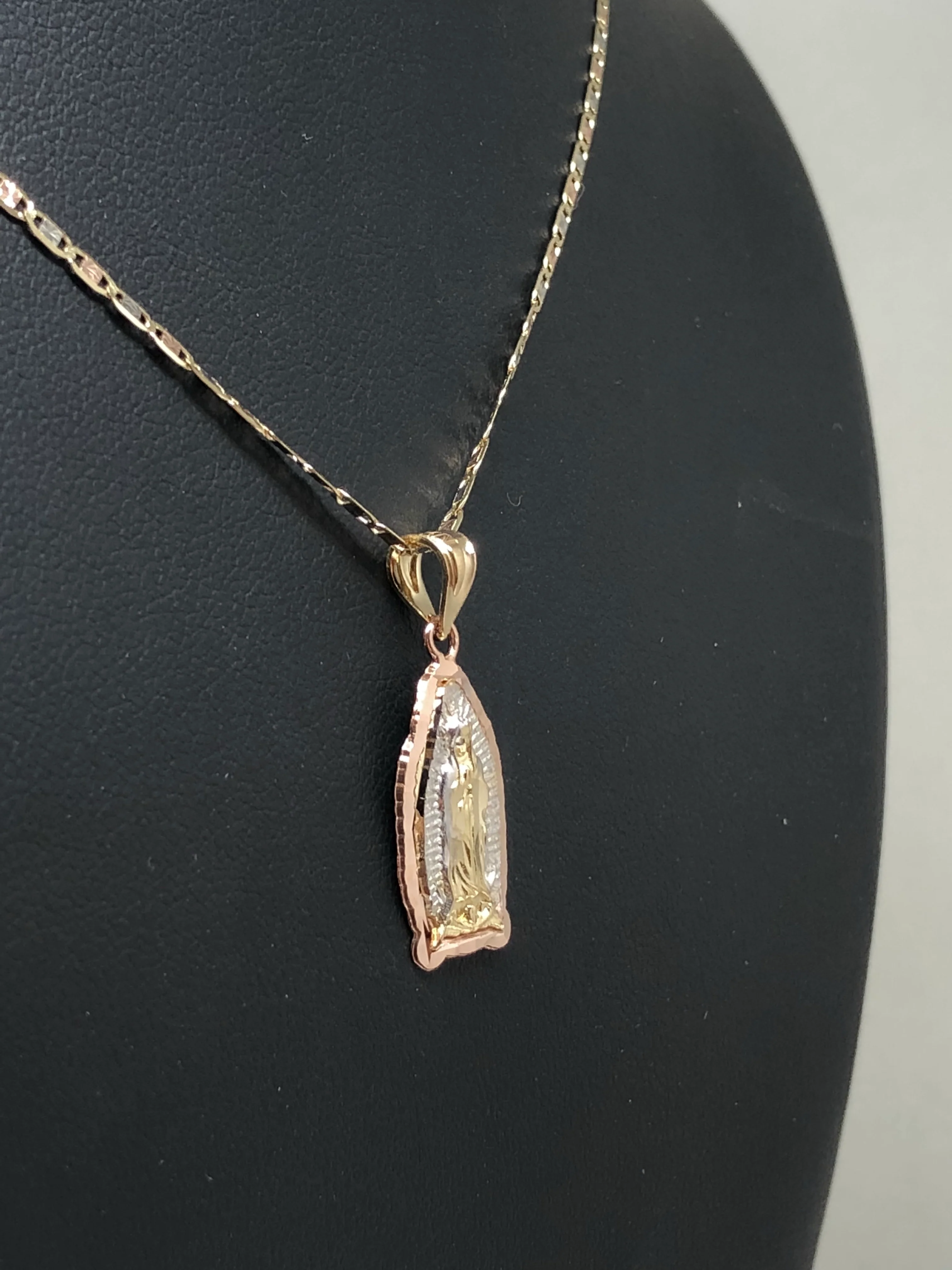 10k Solid Gold Tri-Color Virrgin Mary Pendant Virrgen Guadalupe Tri-Color Chain (MED) - Image 7