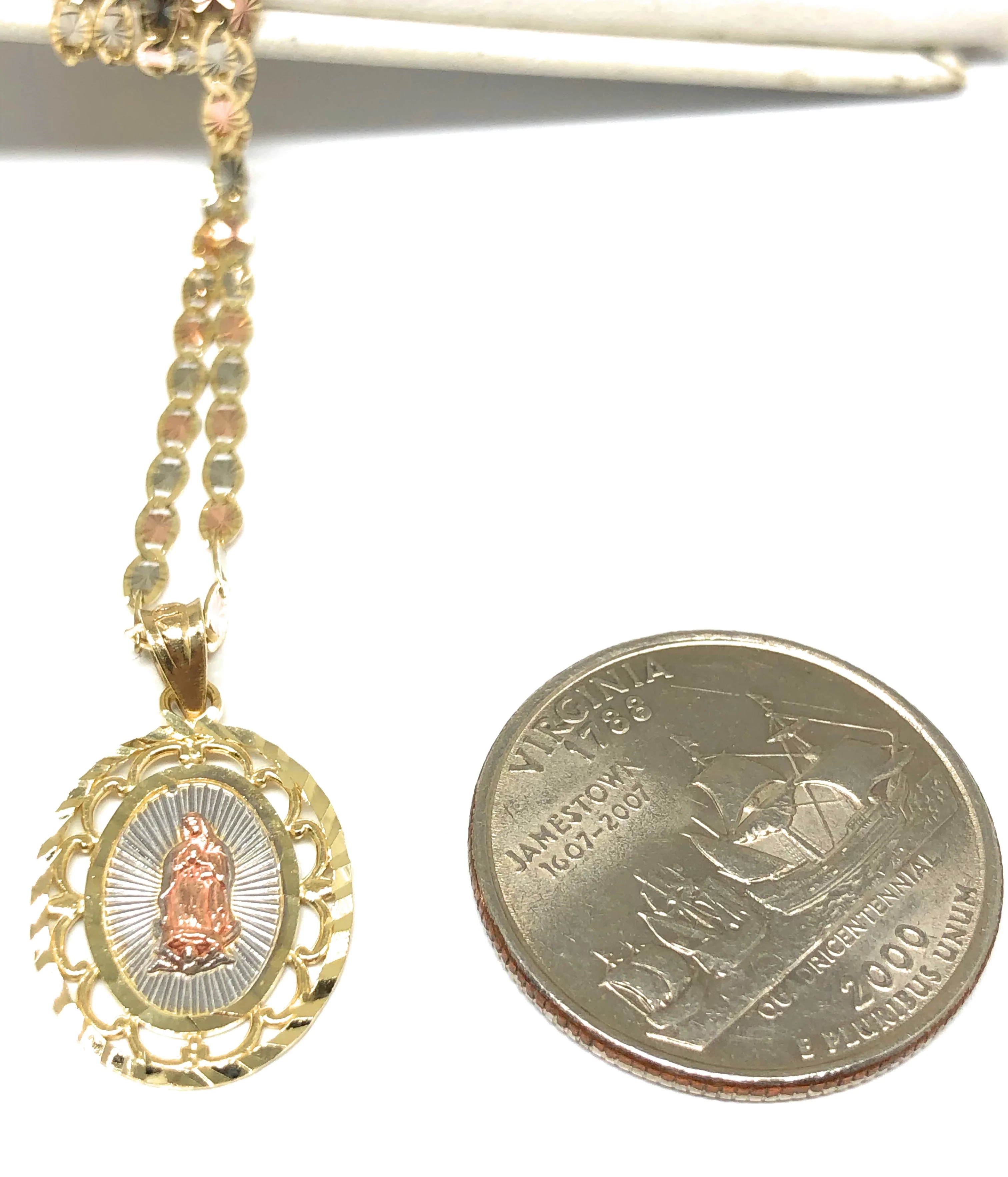 10k Solid Gold Tri-Color Virrgin Mary Pendant Virrgen Guadalupe Valentina Chain - Image 2