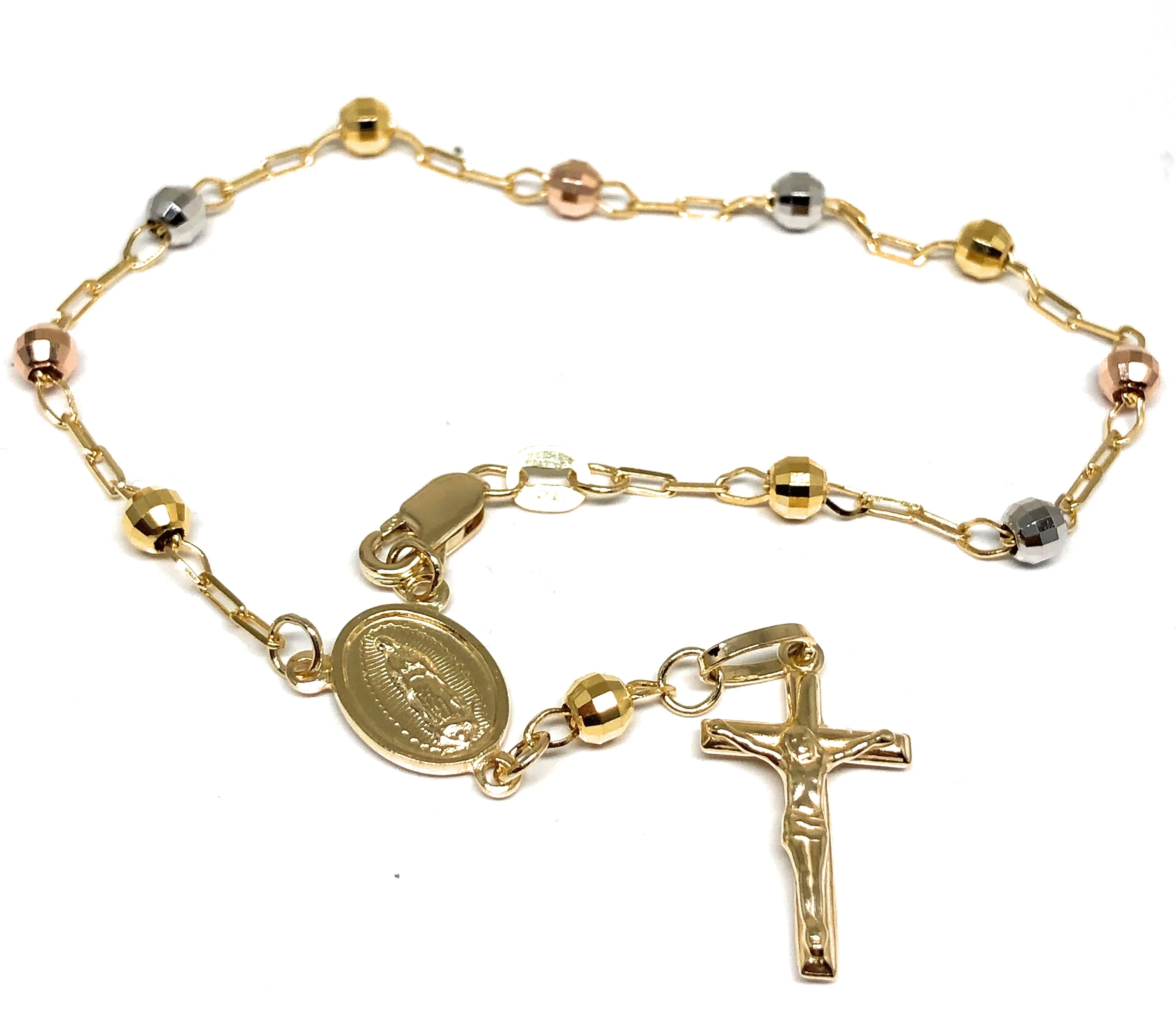 10k Solid Gold Tri-Color Virrgin Mary Rosarry Brracelet 7.5 inch Virrgen Guadalupe - Image 2