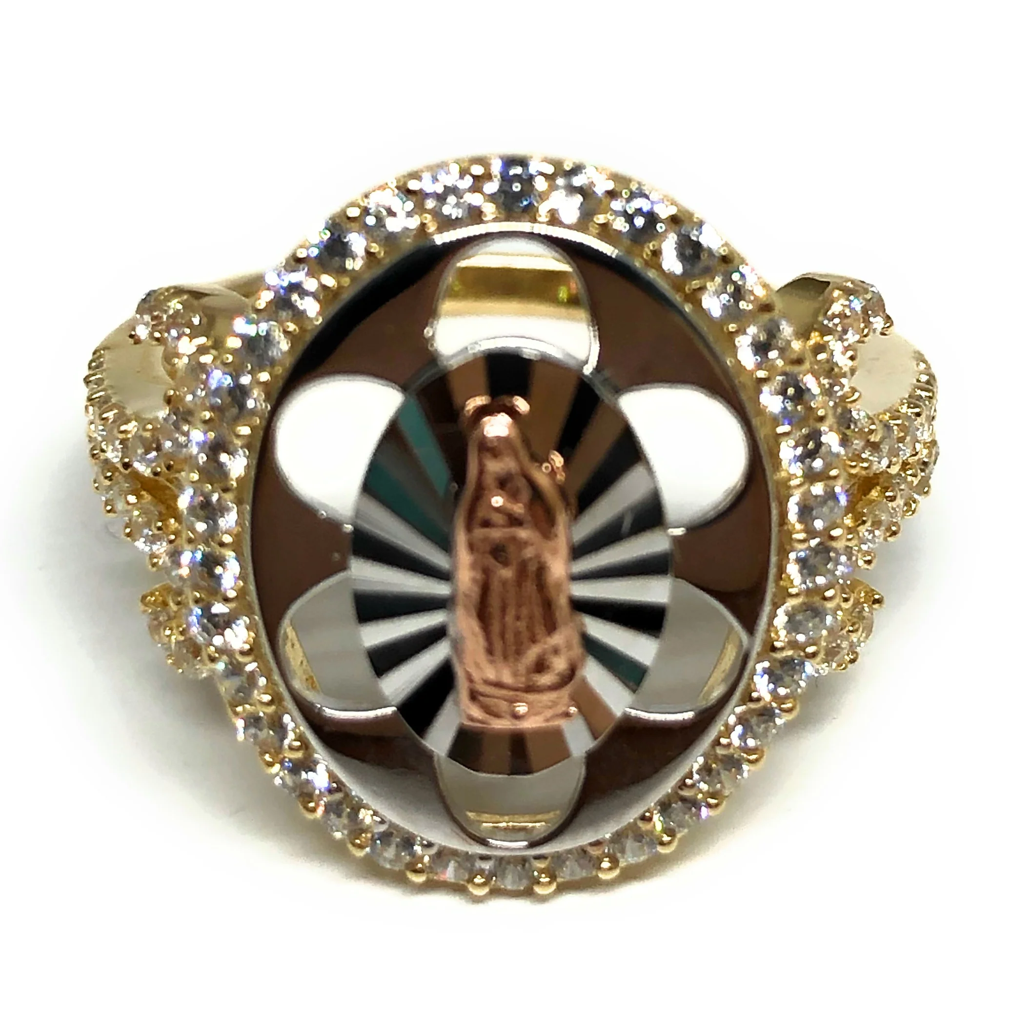 10k Solid Gold Tri-Color Virrgin Mary Round CZ Ring (FC 04)