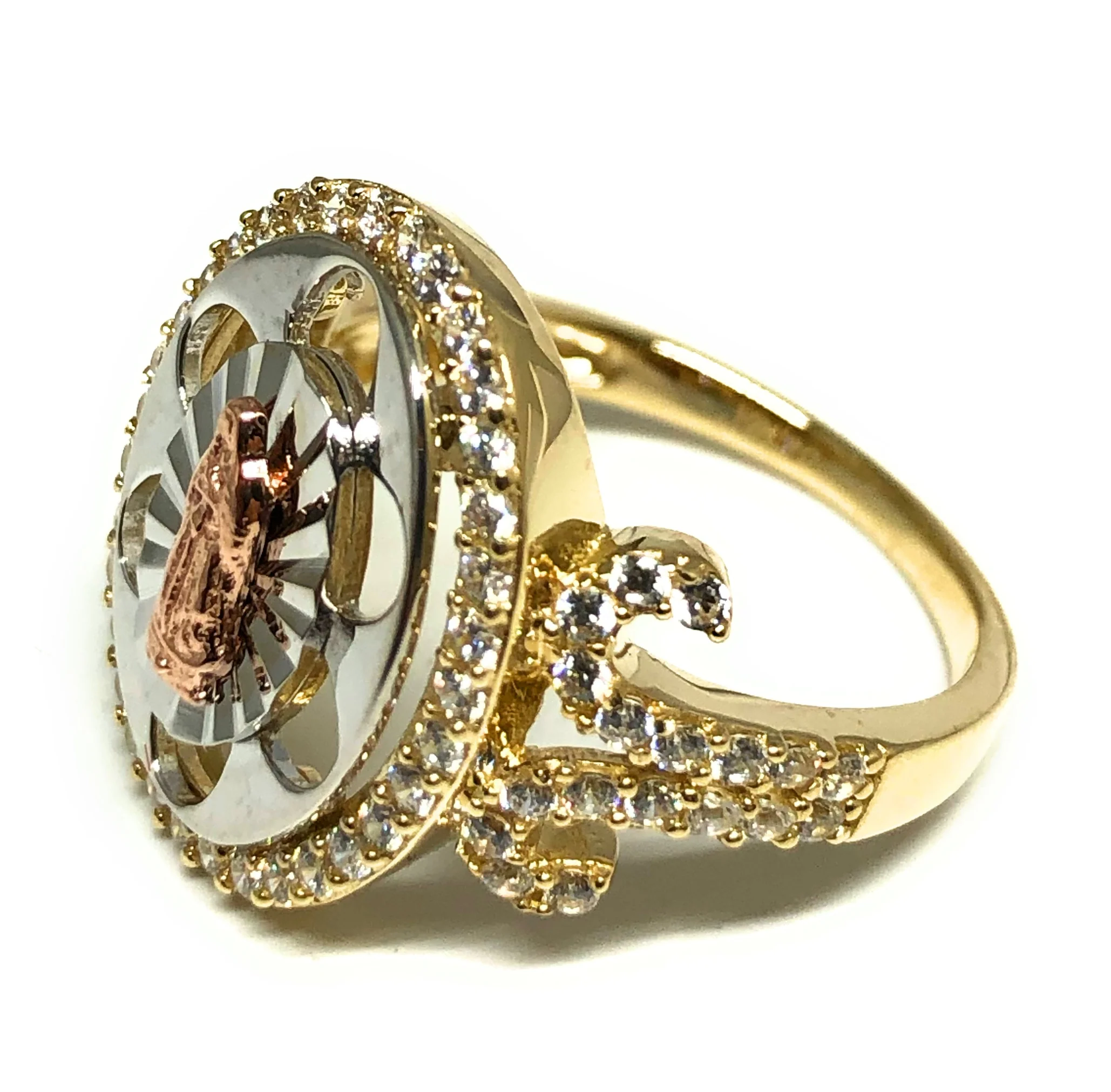 10k Solid Gold Tri-Color Virrgin Mary Round CZ Ring (FC 04) - Image 2