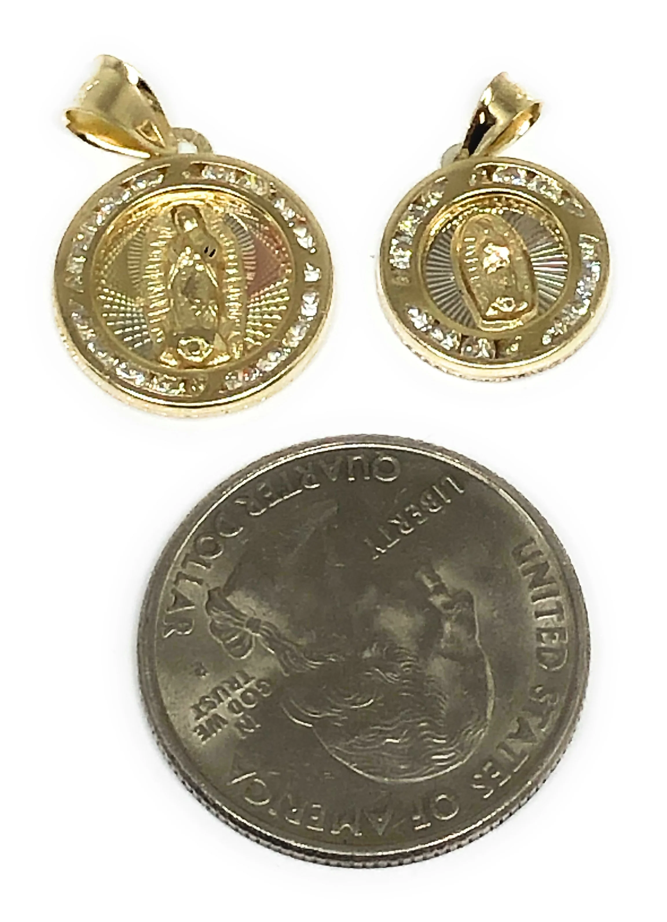 10k Solid Gold Tri-Color Virrgin Mary Round Pendant Necklace W/ CZ Virrgen Gaudalupe Valentina Chain (SM,XS) - Image 2