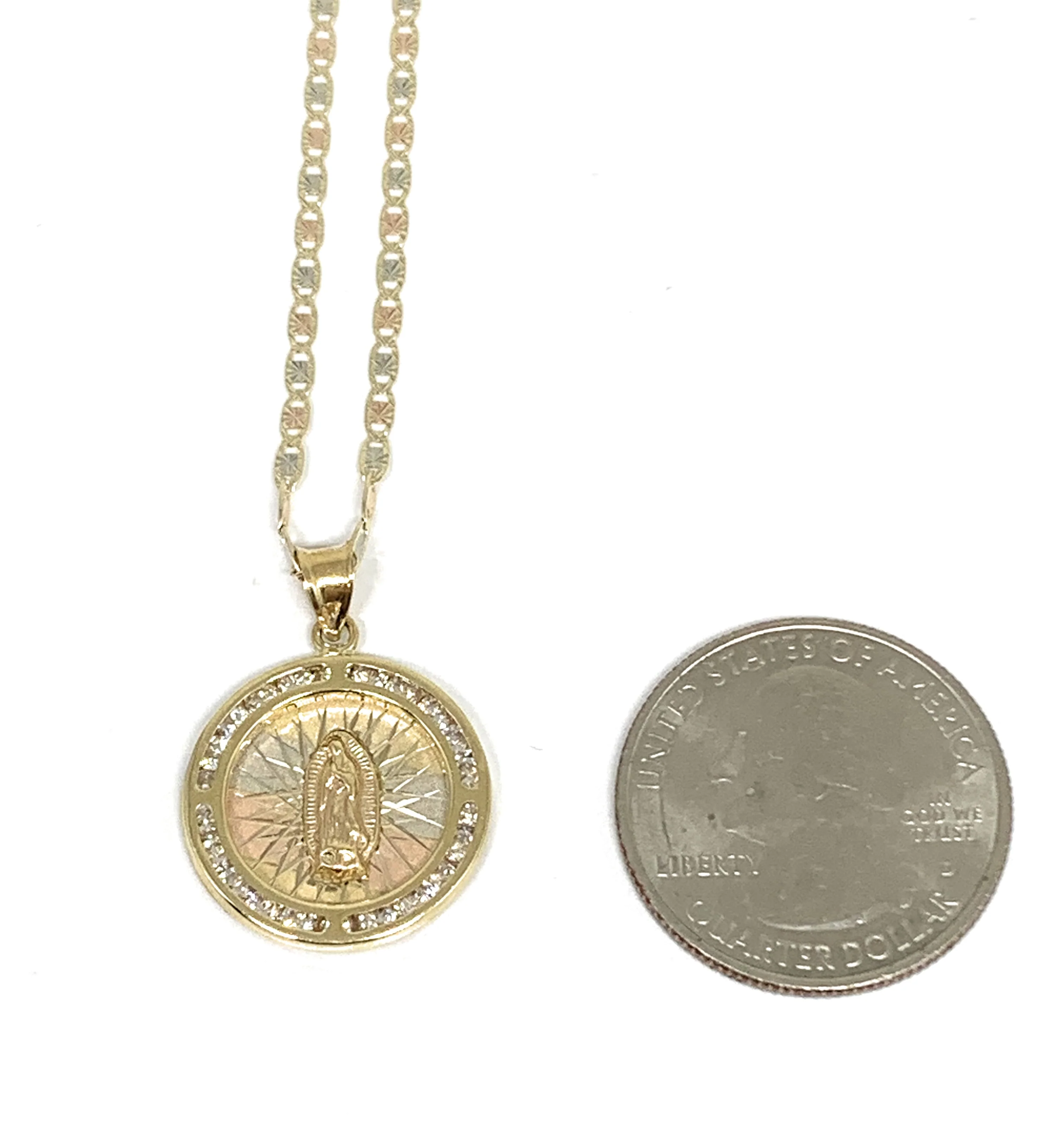 10k Solid Gold Tri-Color Virrgin Mary Round Pendant Necklace W/ CZ Virrgen Gaudalupe Valentina Chain (SM,XS) - Image 3