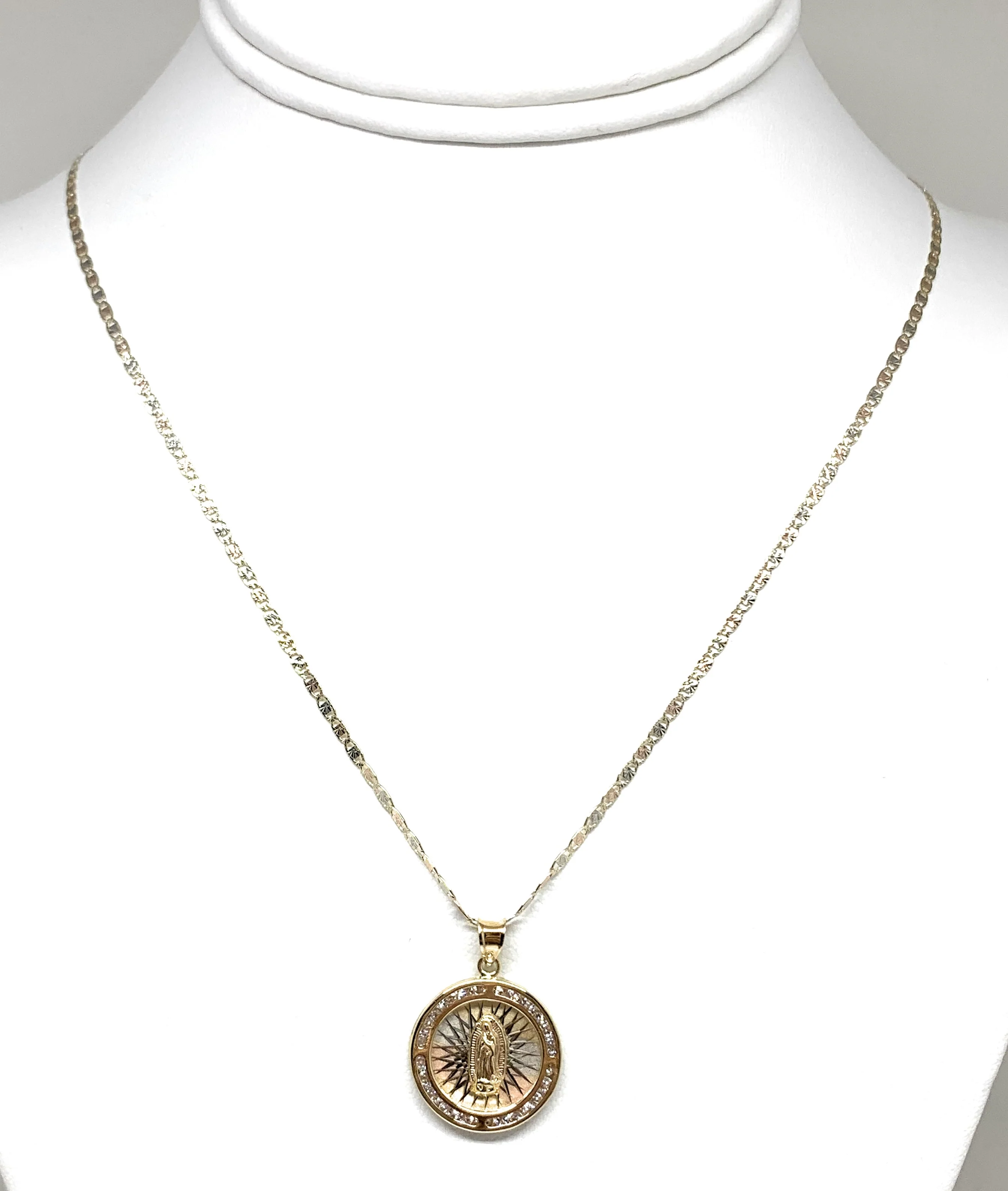 10k Solid Gold Tri-Color Virrgin Mary Round Pendant Necklace W/ CZ Virrgen Gaudalupe Valentina Chain (SM,XS) - Image 4