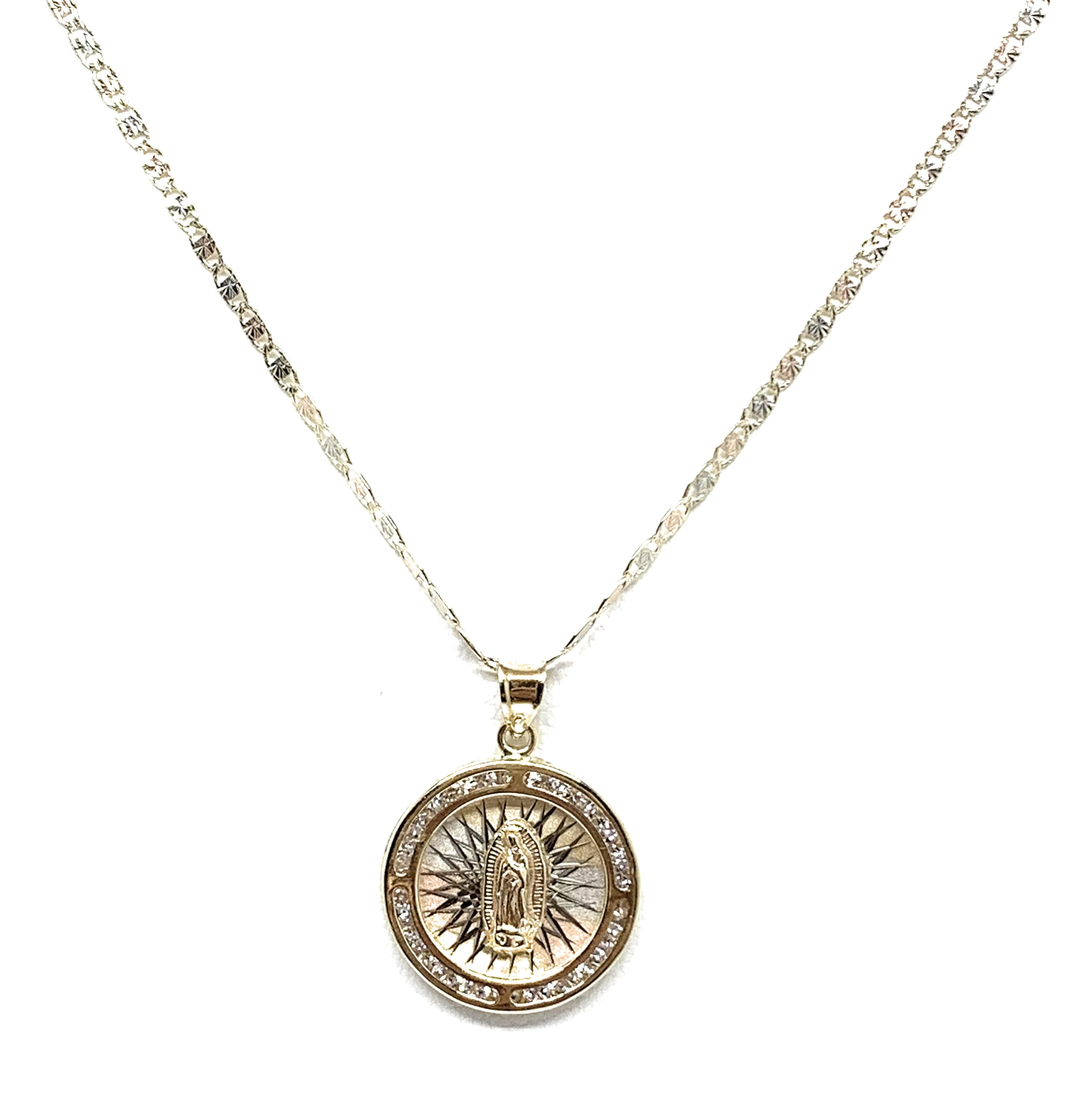 10k Solid Gold Tri-Color Virrgin Mary Round Pendant Necklace W/ CZ Virrgen Gaudalupe Valentina Chain (SM,XS) - Image 5