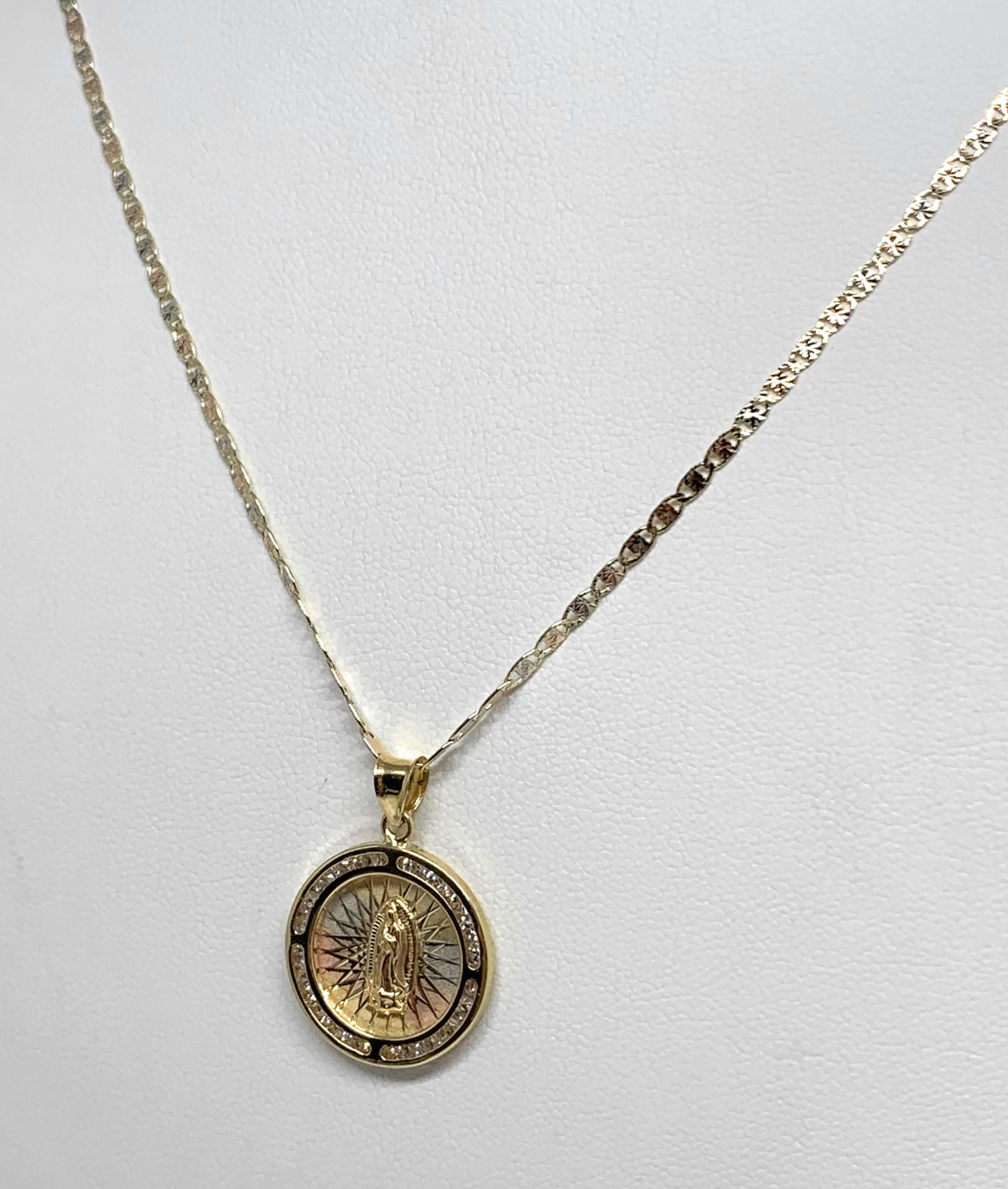 10k Solid Gold Tri-Color Virrgin Mary Round Pendant Necklace W/ CZ Virrgen Gaudalupe Valentina Chain (SM,XS) - Image 6